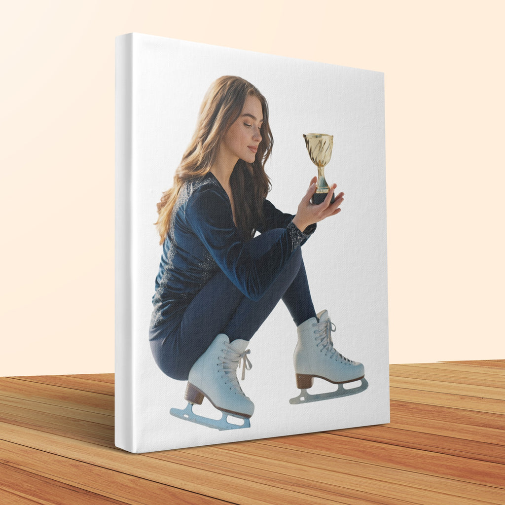Woman in ice skates holds a gold trophy.