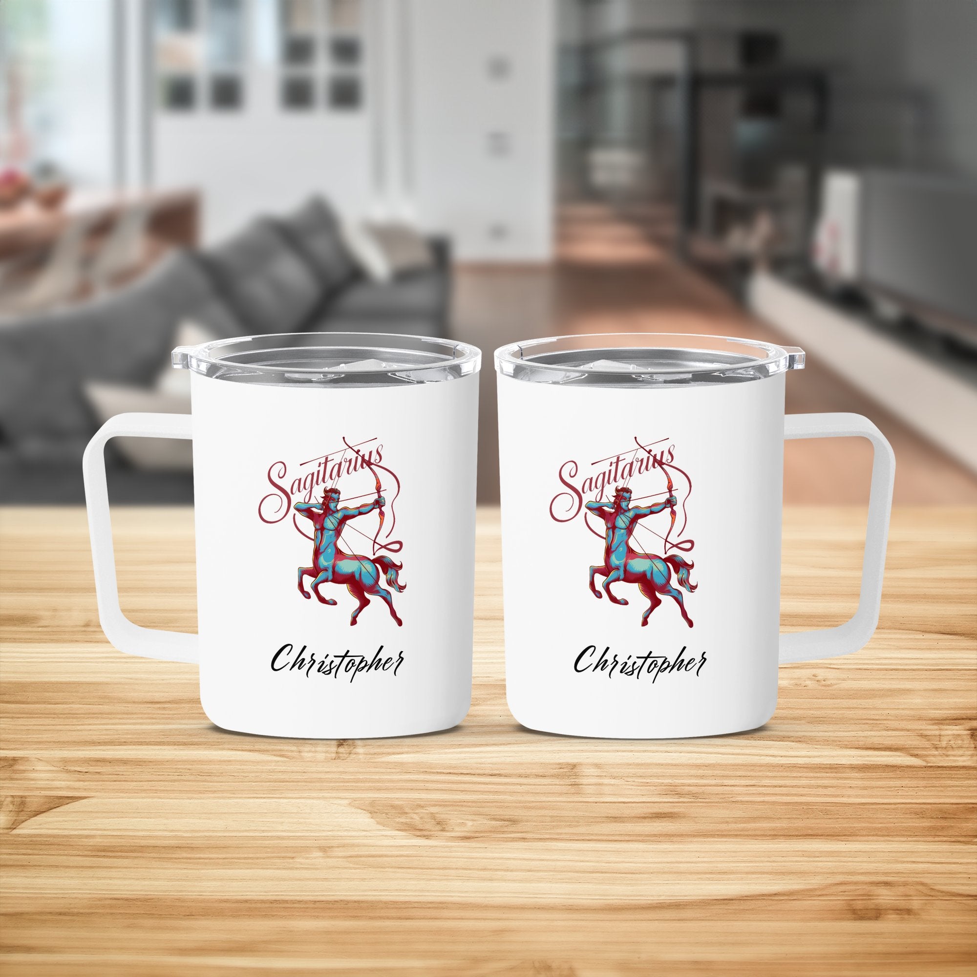 White Sagittarius mug with personalized name "Christopher" and horoscope design.