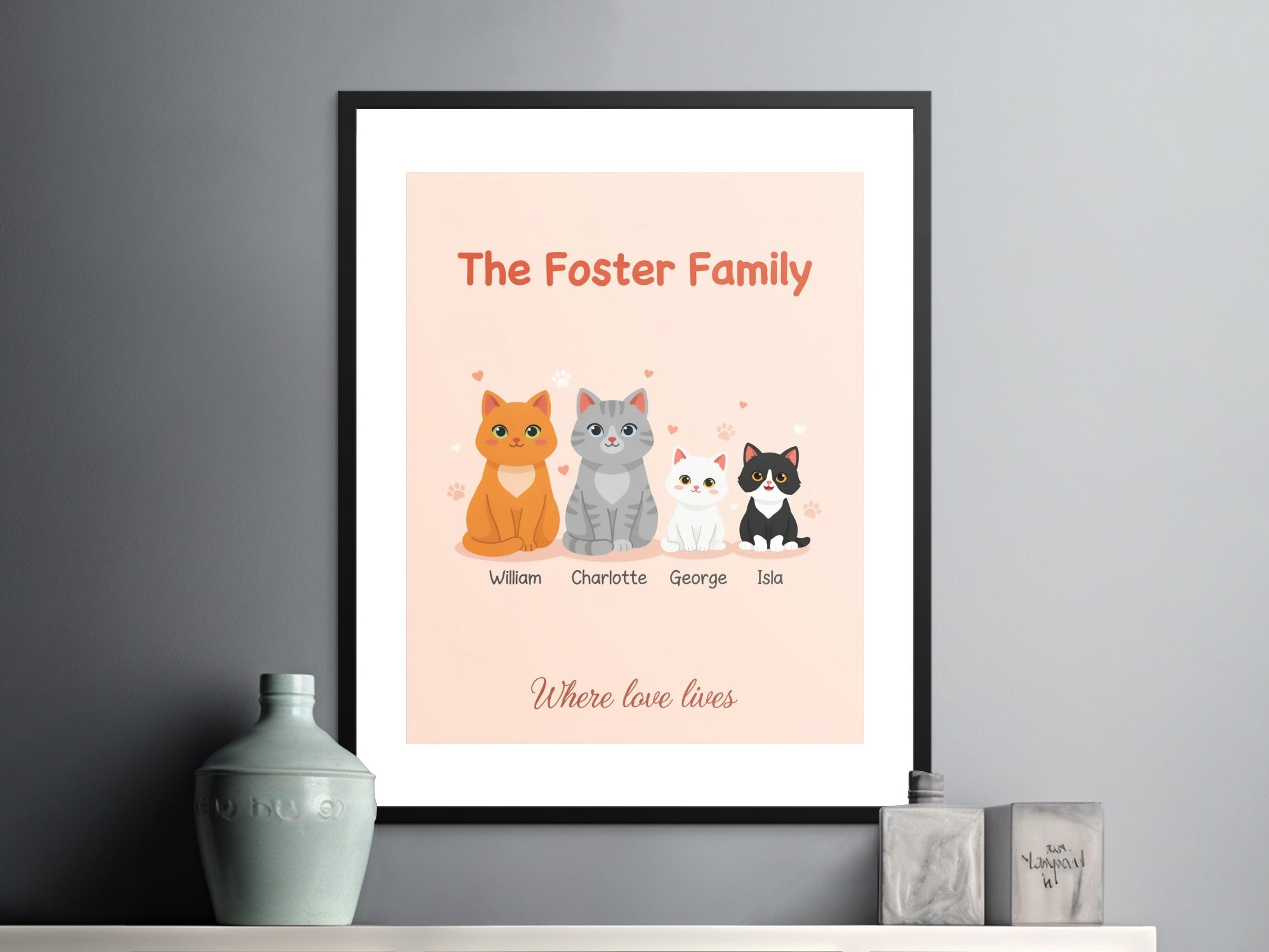 The Foster Family portrait features four cartoon cats with their names below.
