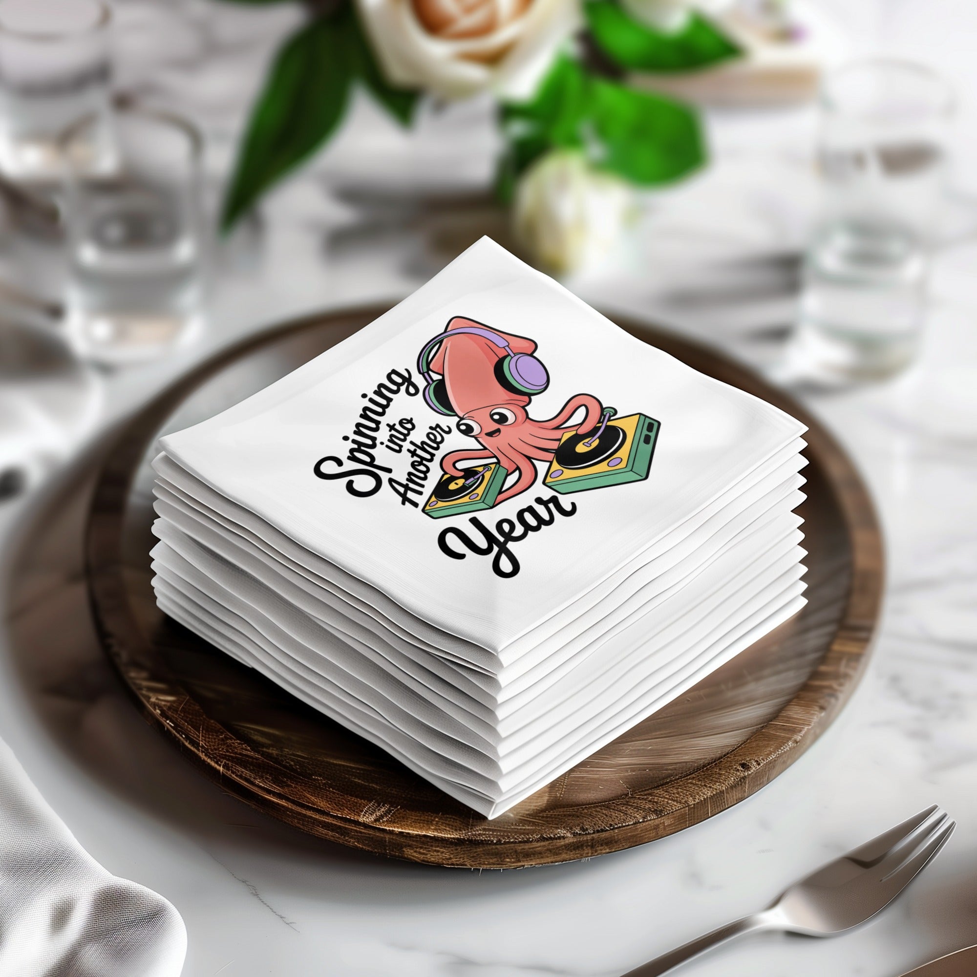 Napkins featuring a DJ octopus with headphones and a record player.