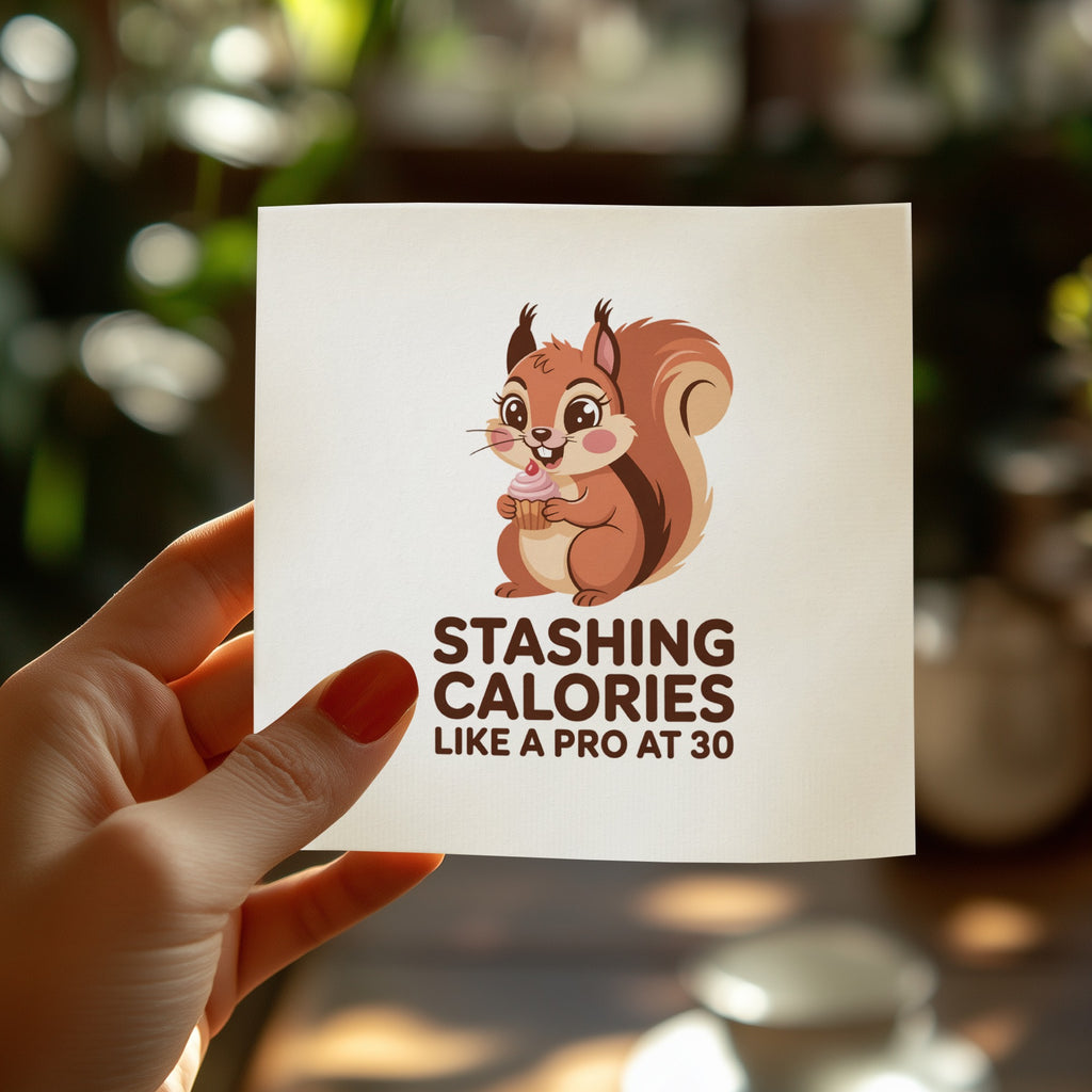 Squirrel holding cupcake with text "Stashing Calories Like a Pro at 30".