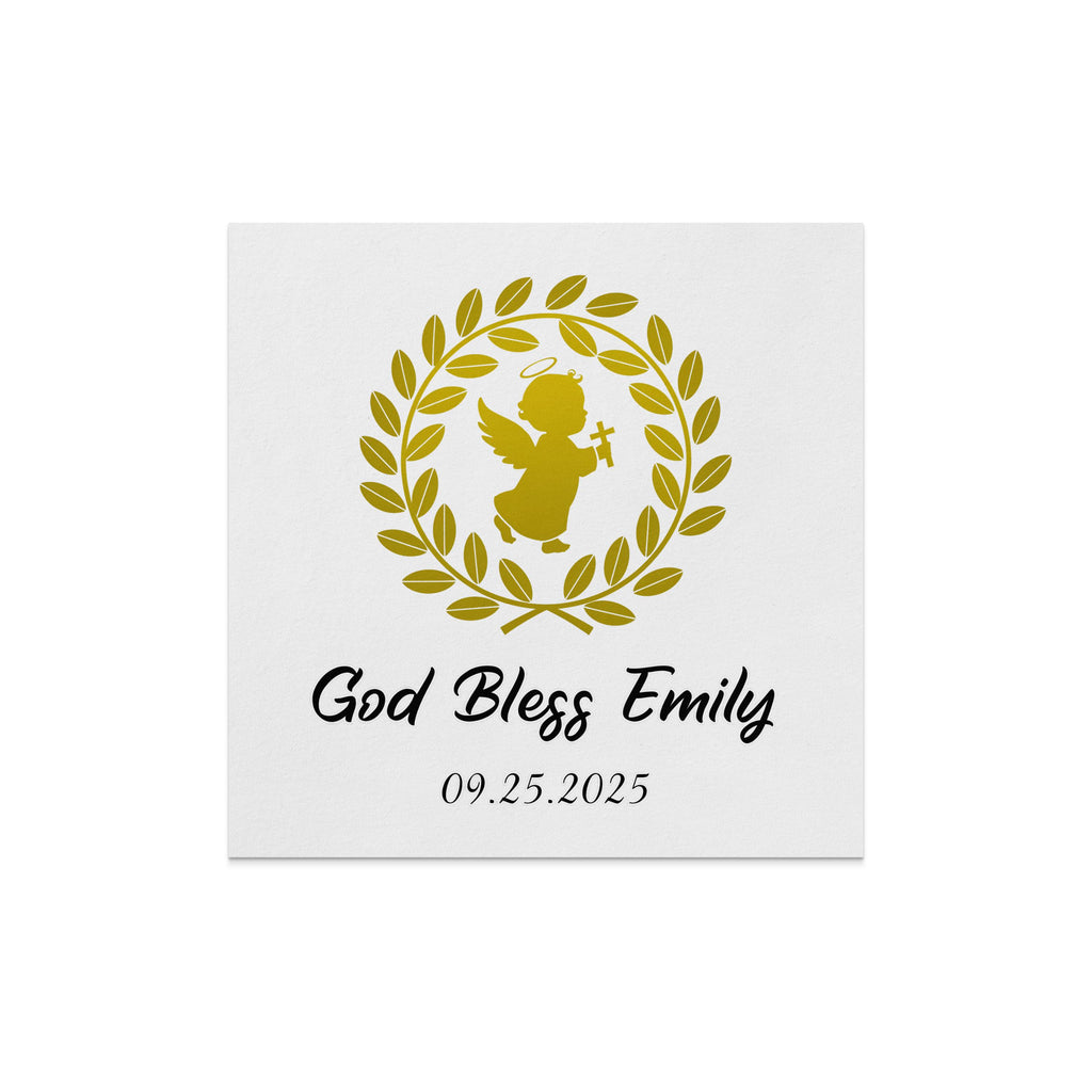 "God Bless Emily 09.25.2025" text above a golden angel with wings and a cross.