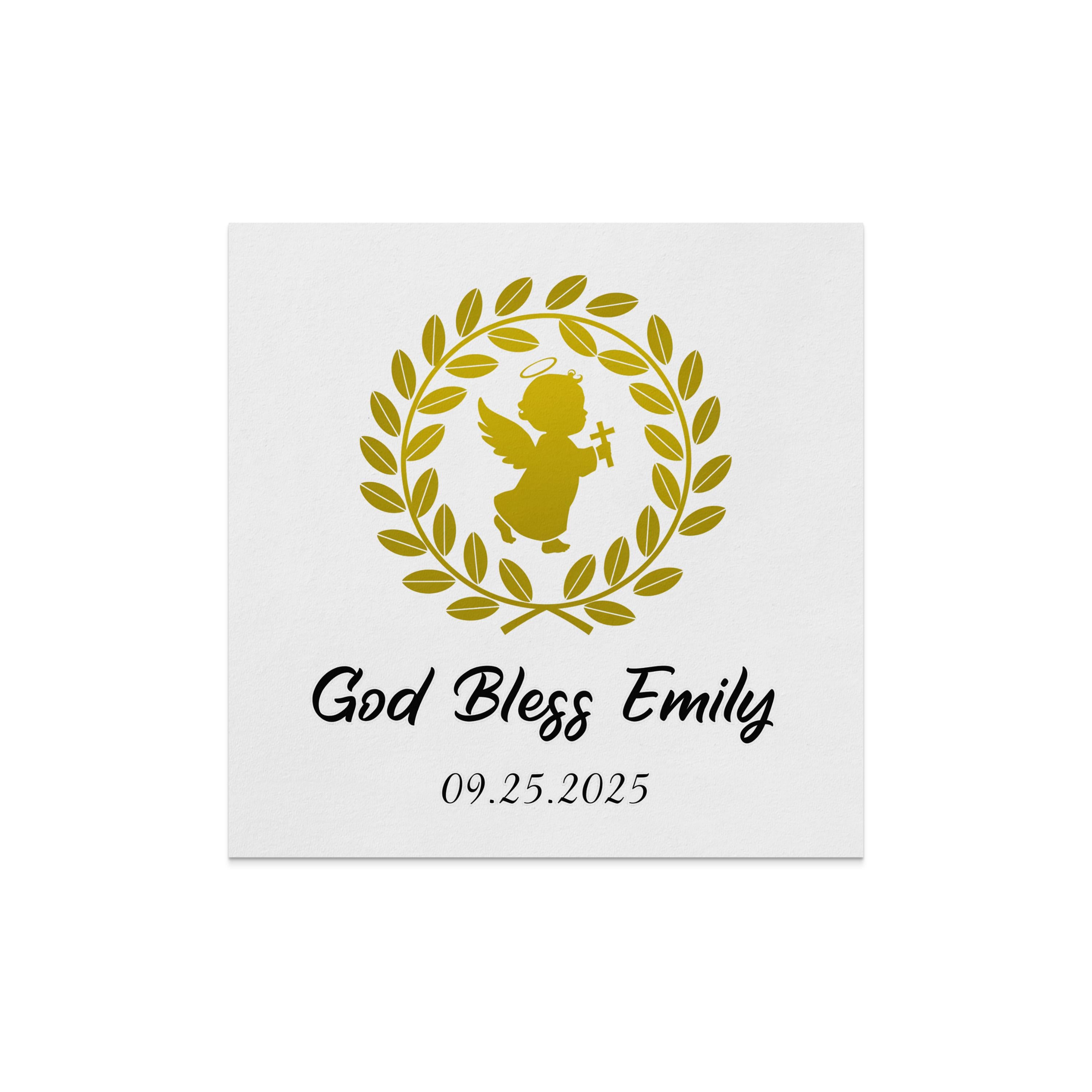 "God Bless Emily 09.25.2025" text above a golden angel with wings and a cross.