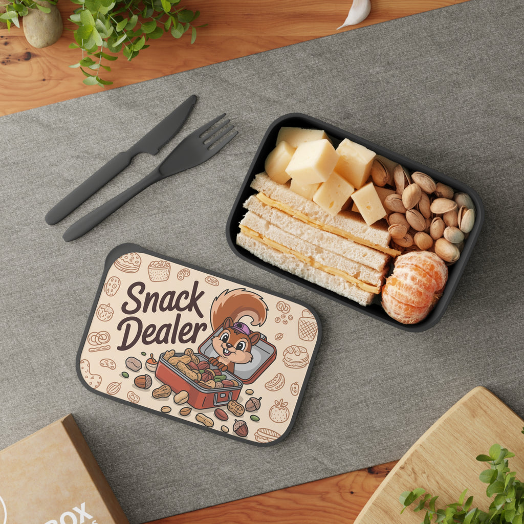 Lunchbox with a cartoon squirrel and sandwiches, next to a container of cheese, nuts, and tangerines.