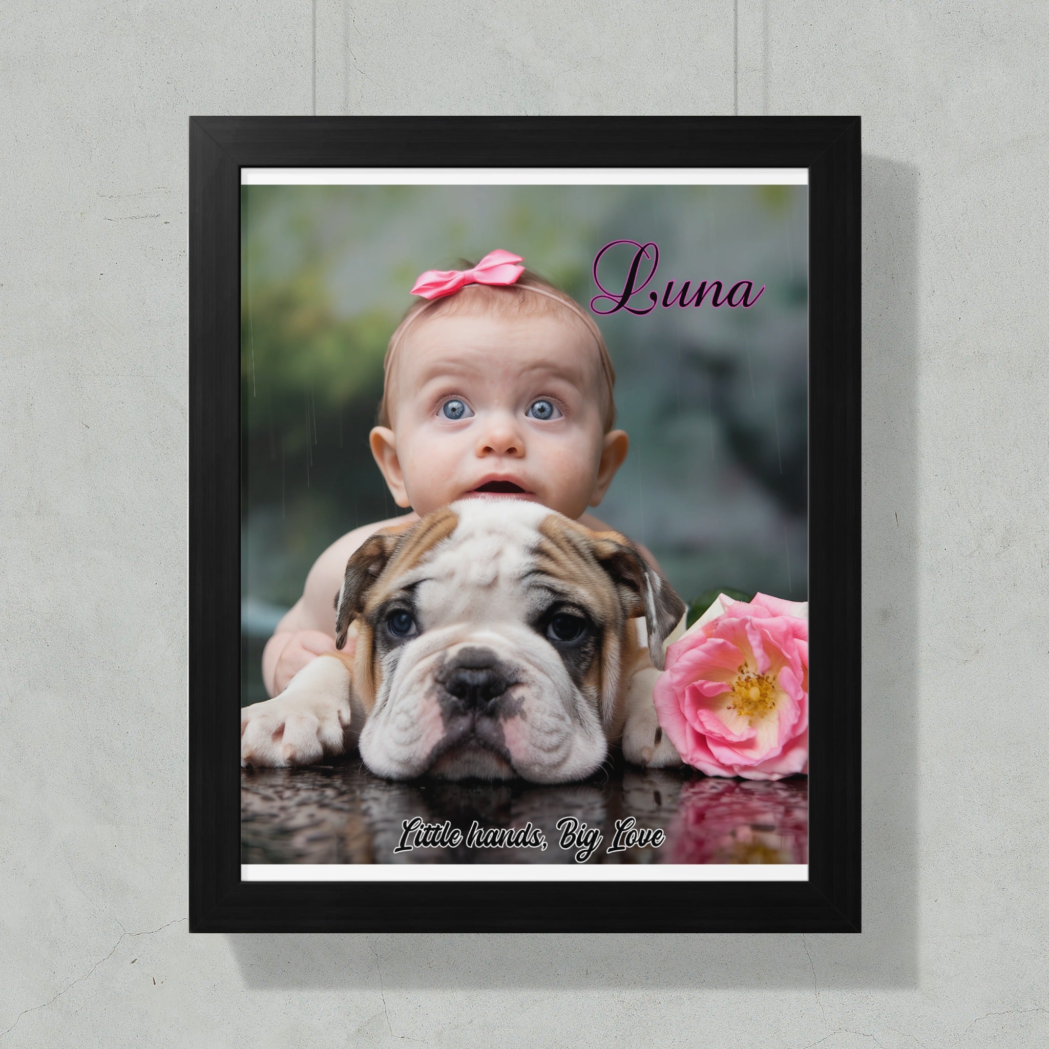 Baby with bulldog puppy and pink rose in framed portrait with text.