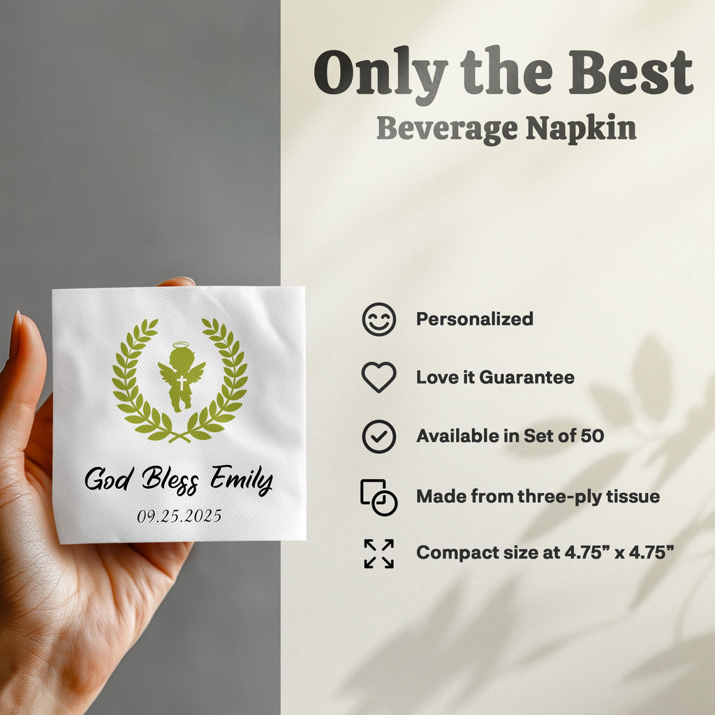 Beverage napkin with "God Bless Emily 09.25.2025" and angel design.