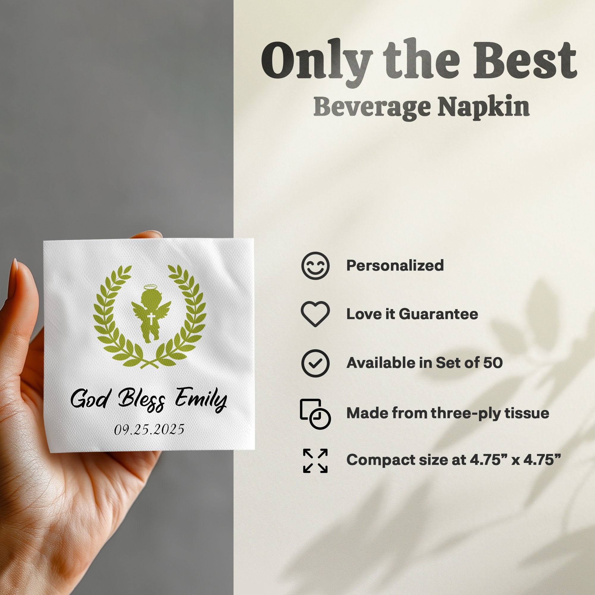Beverage napkin with "God Bless Emily 09.25.2025" and angel design.