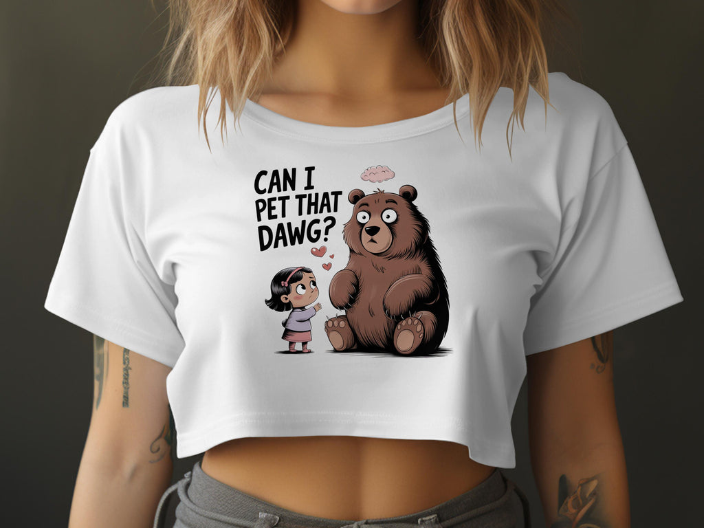 Girl asking a large bear "Can I pet that dawg?".