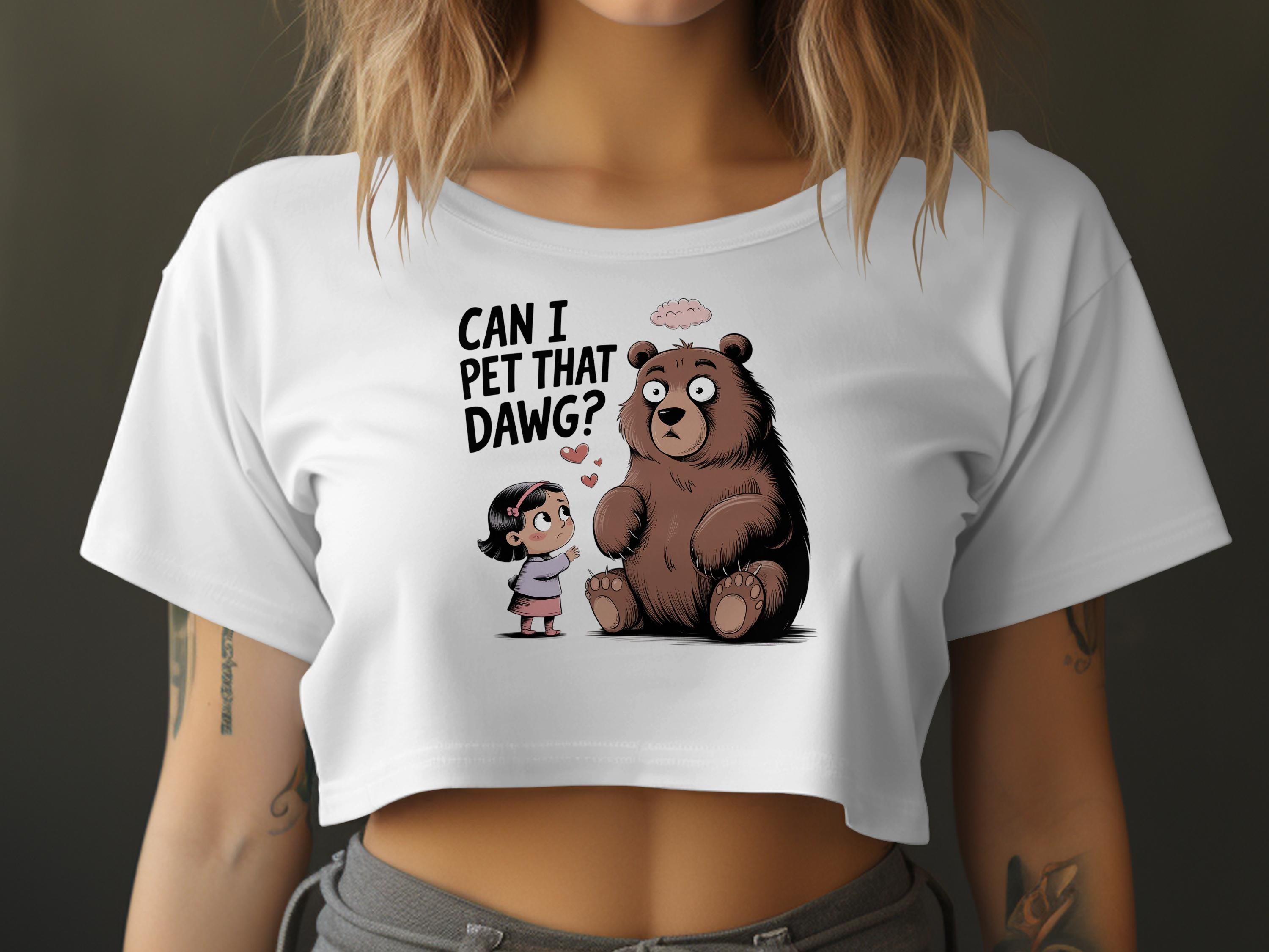 Girl asking a large bear "Can I pet that dawg?".