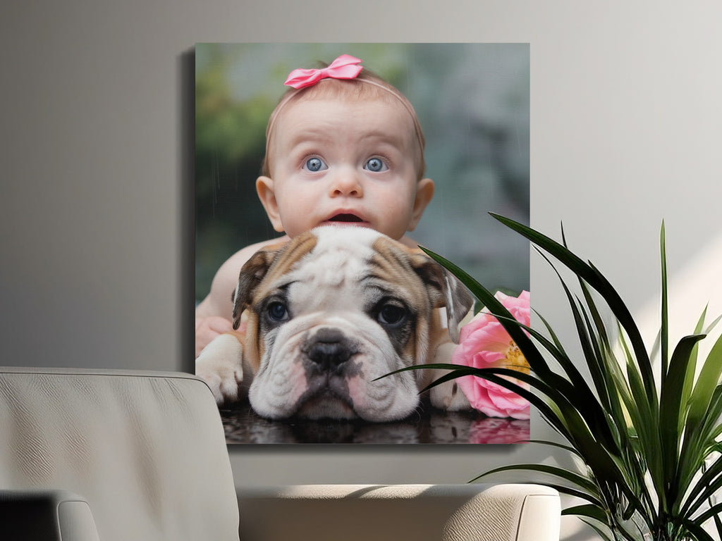Baby wearing pink bow peeking over English bulldog with pink flower.