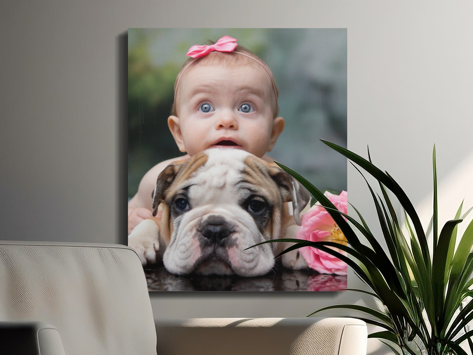 Baby wearing pink bow peeking over English bulldog with pink flower.