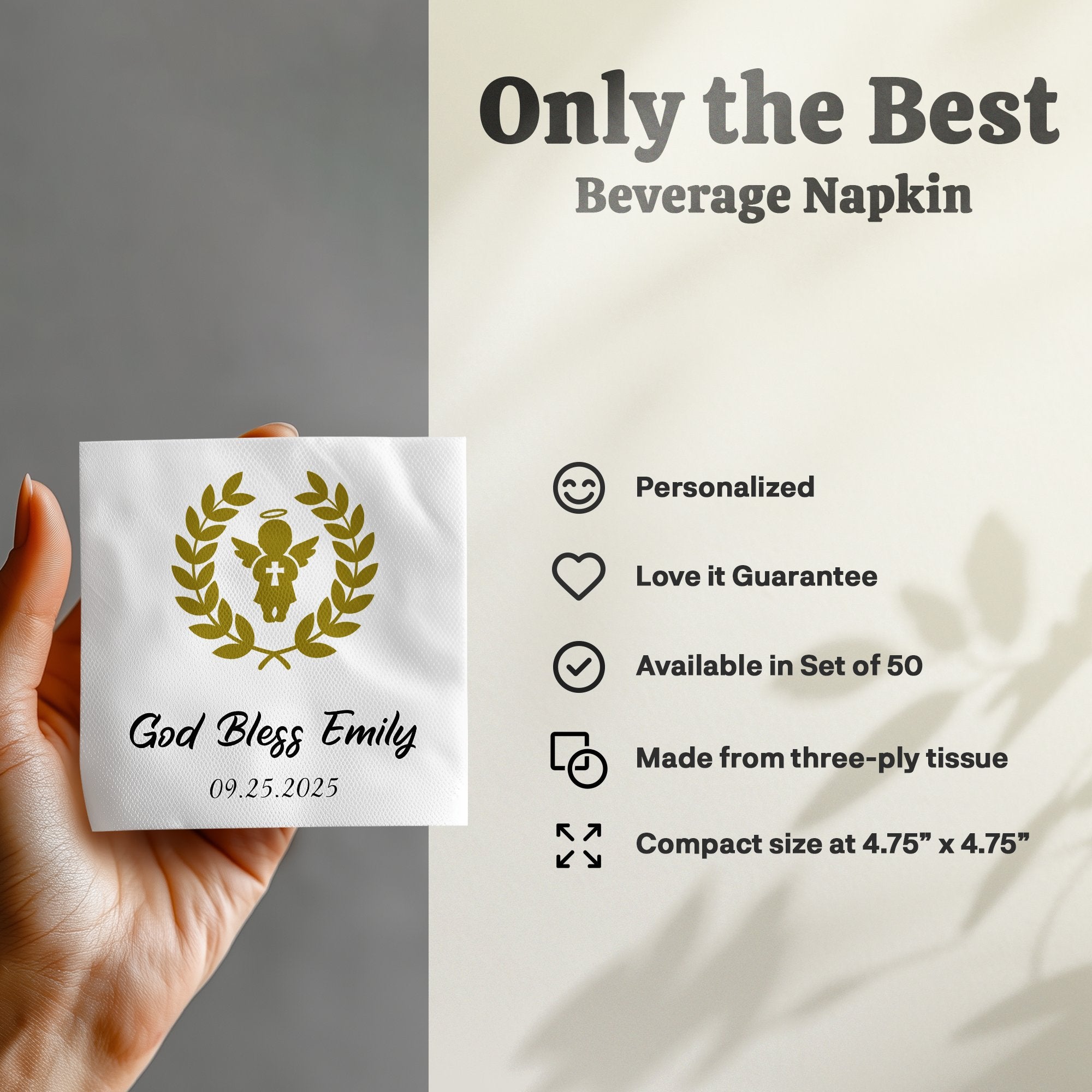 Beverage napkin with "God Bless Emily 09.25.2025" in gold.