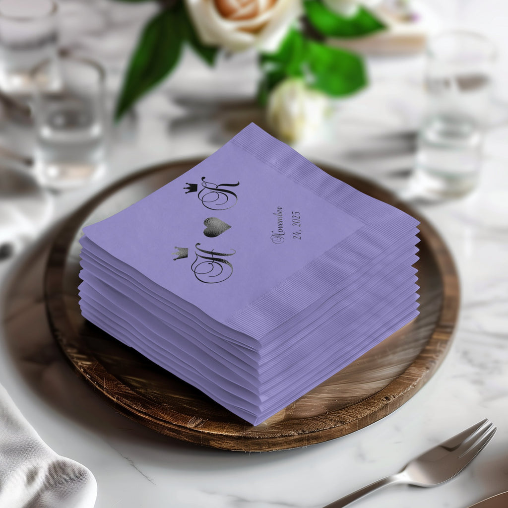 Stack of purple cocktail napkins with "AJ" monogram and "November 24, 2025" date.