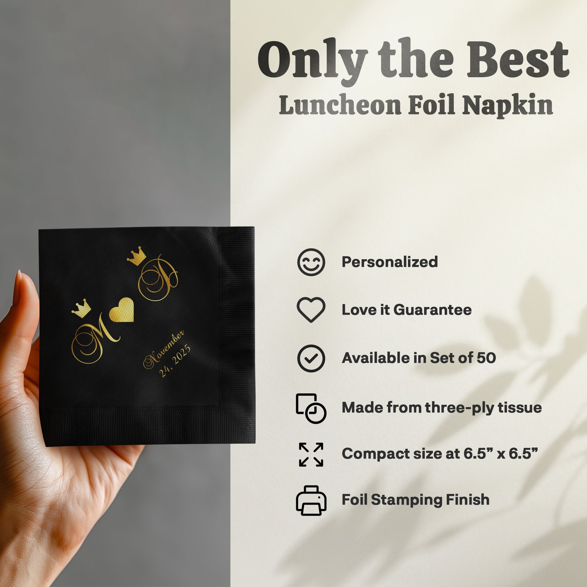 Black foil-stamped luncheon napkin with "M♡J" and "November 24, 2025".