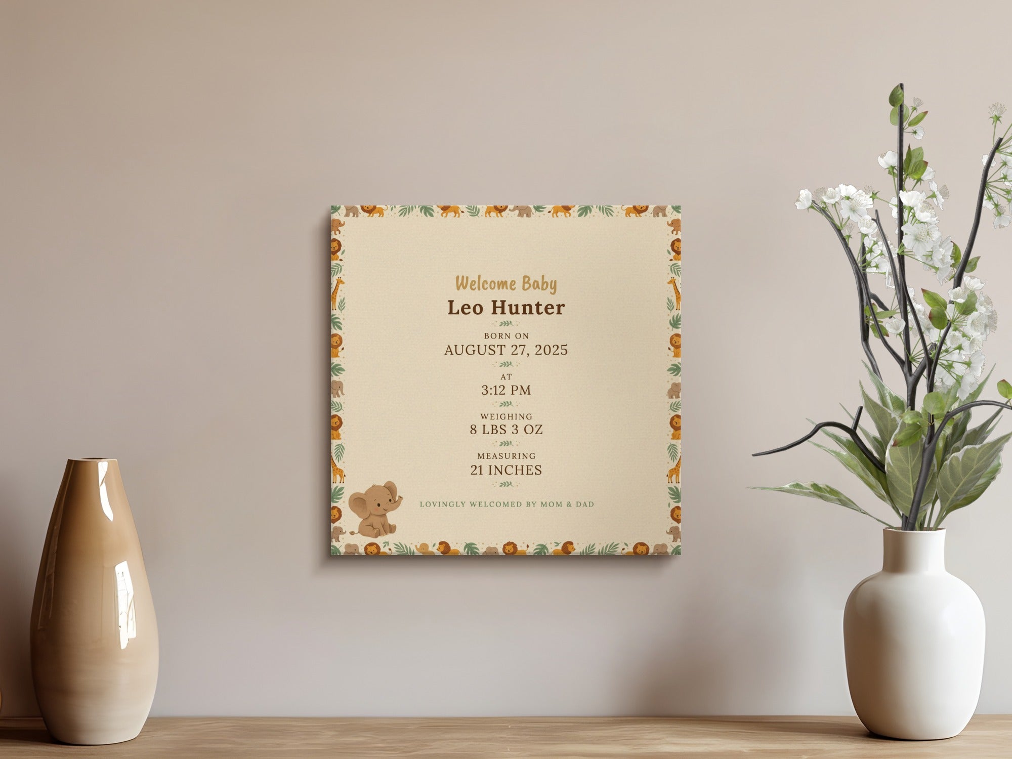 Baby Leo Hunter birth announcement with jungle animal border and details.