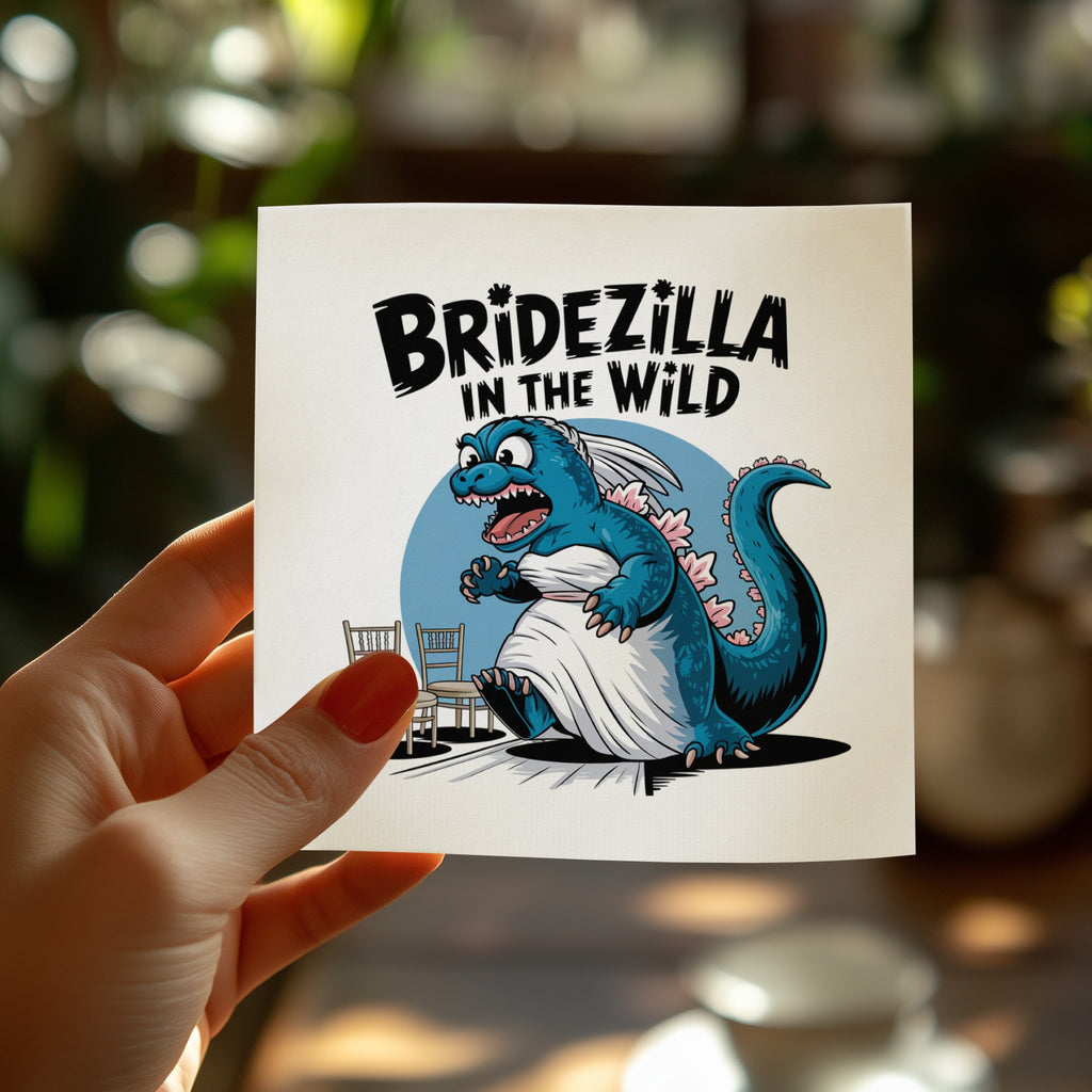 Bridezilla the monster bride in a wedding dress stomping on chairs.