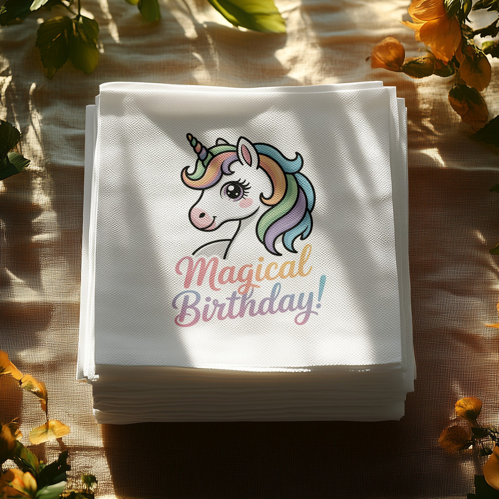 Stack of white napkins with a rainbow unicorn and "Magical Birthday!" text.