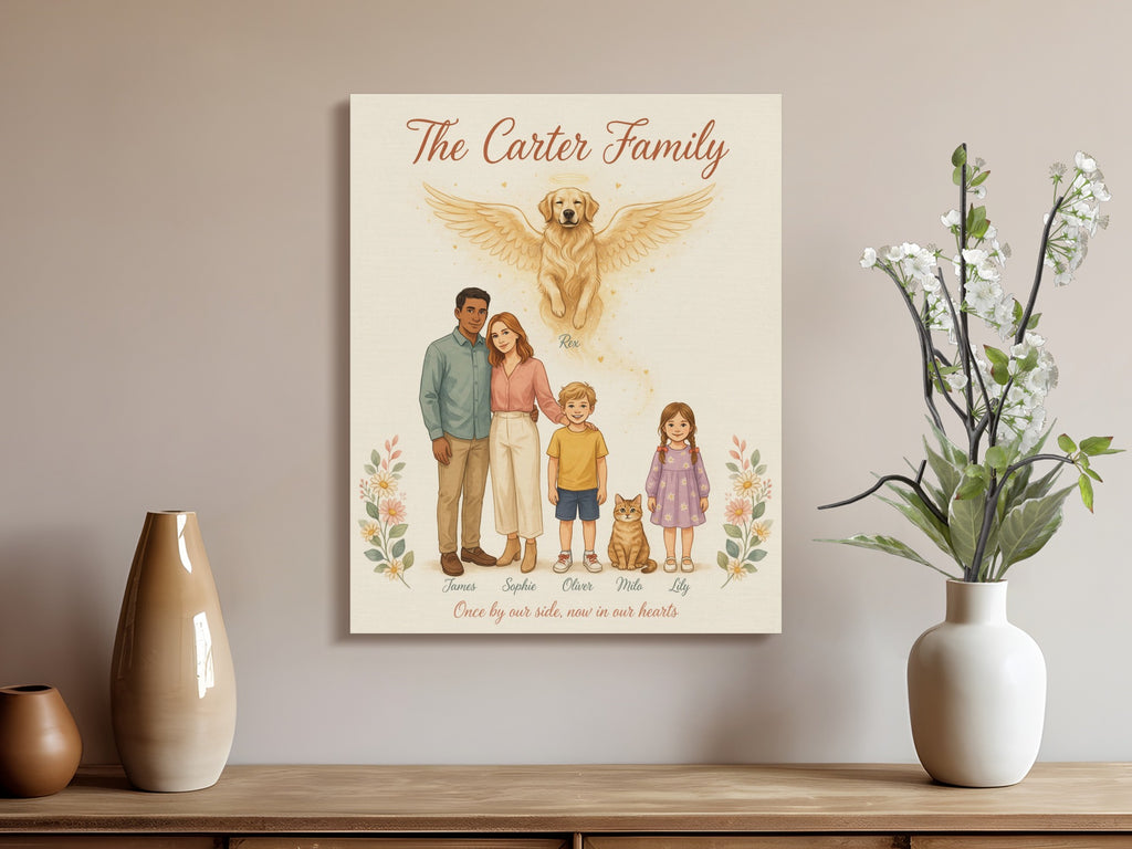 The Carter Family portrait features a family with a dog and cat, below an angel dog.
