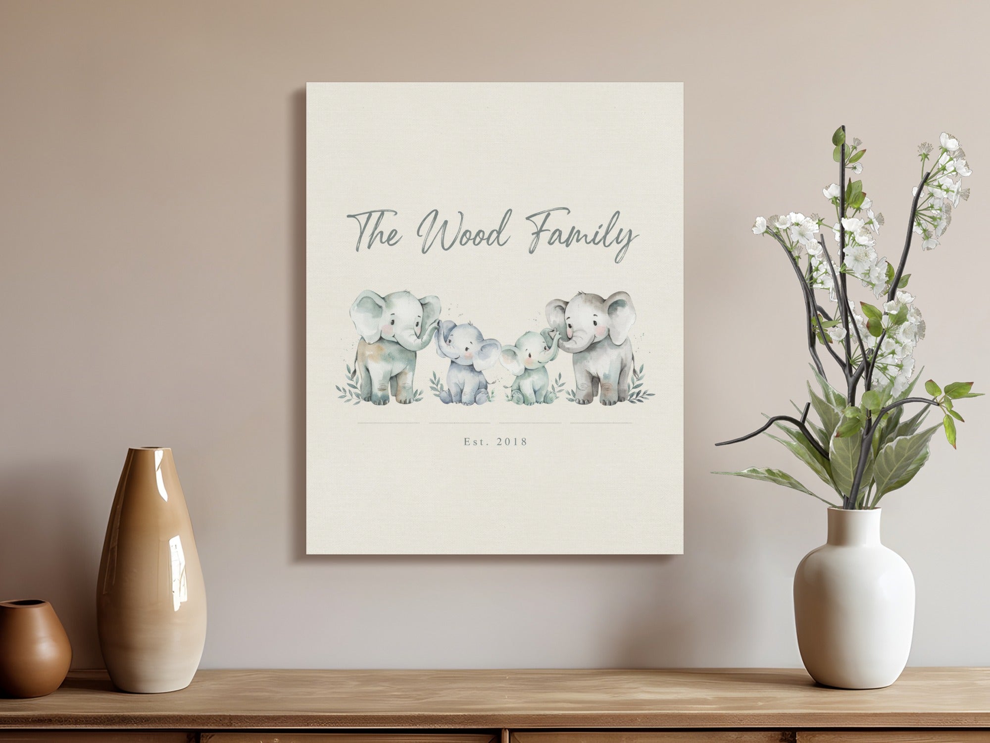 Personalized "The Wood Family Est. 2018" canvas art featuring watercolor elephants.