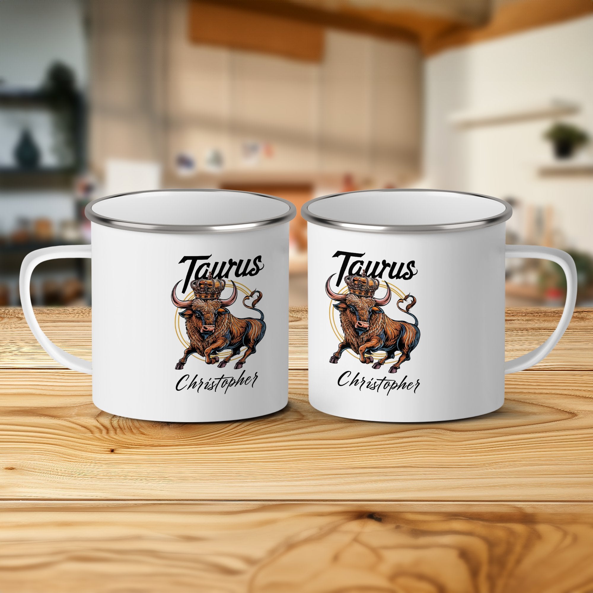 Two white enamel mugs with Taurus zodiac sign and "Christopher" text.