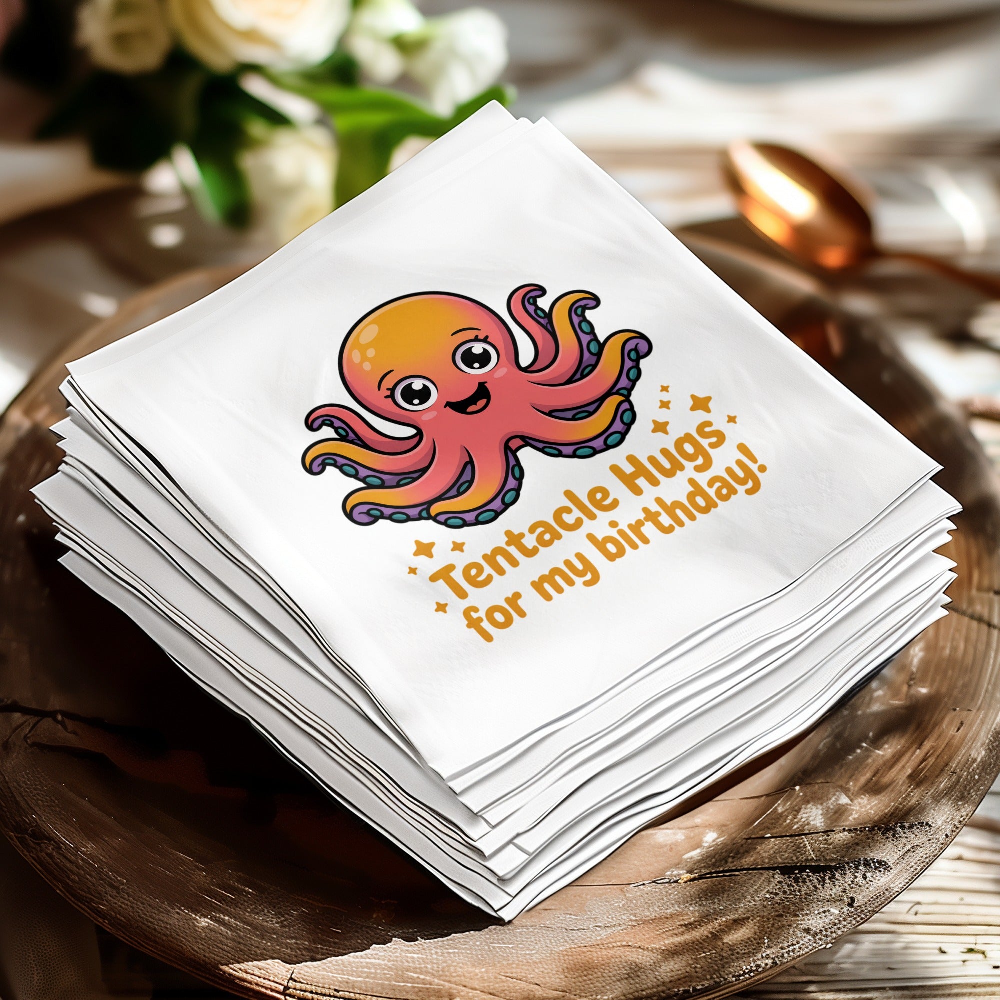 Smiling octopus with text "Tentacle Hugs for my birthday!" on a stack of napkins.