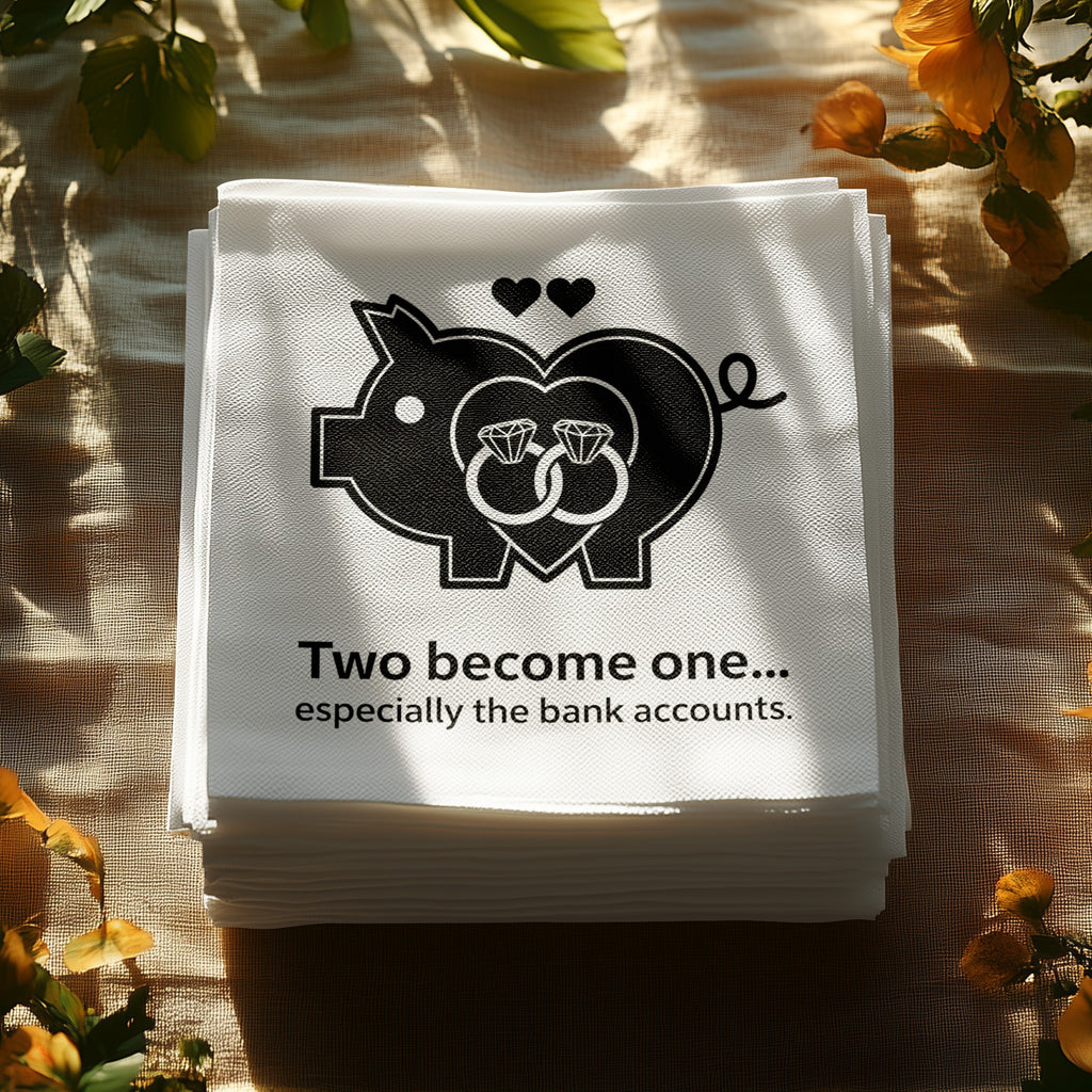 White napkins stacked, featuring a pig with wedding rings and the text "Two become one...".