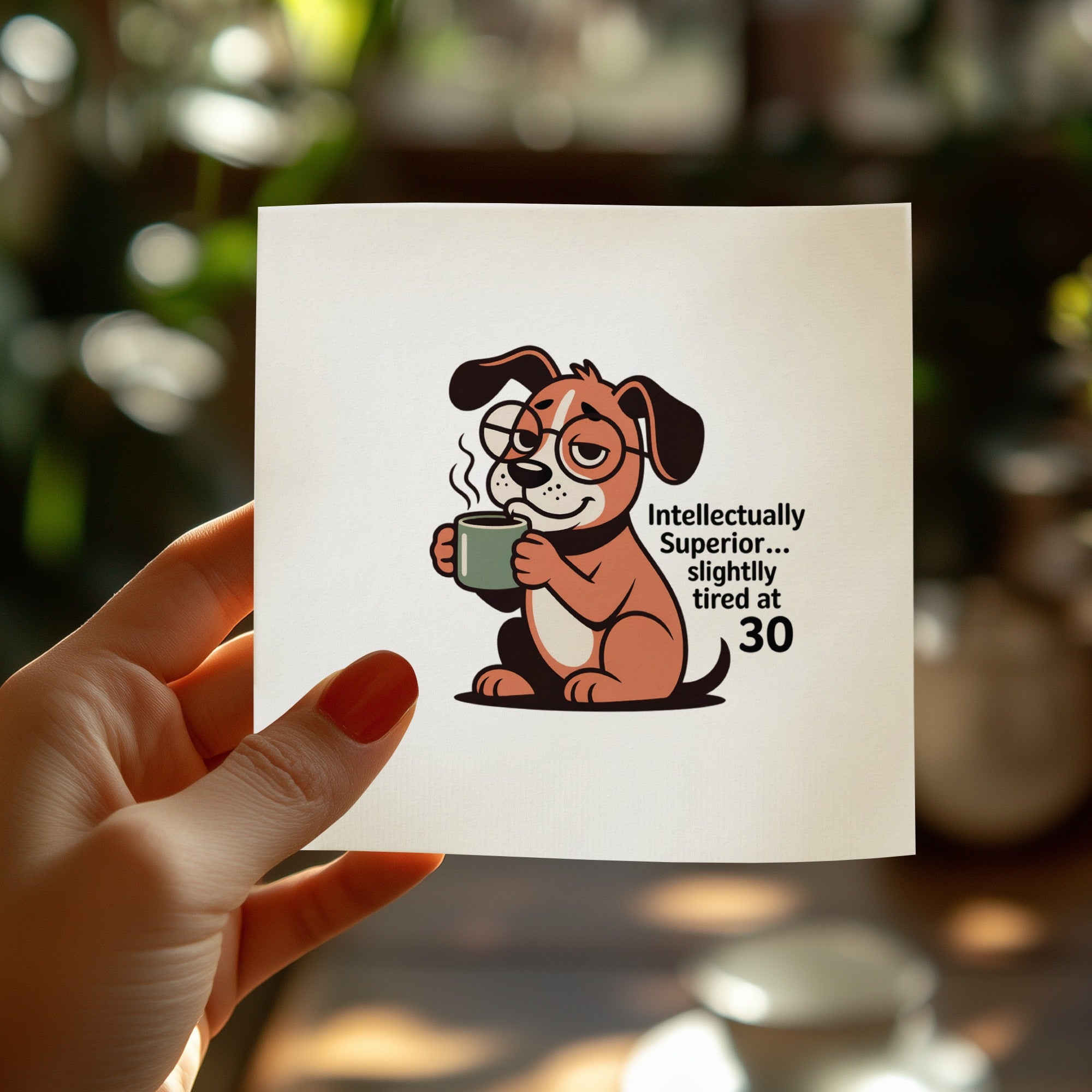Cartoon dog wearing glasses and holding coffee cup with text.