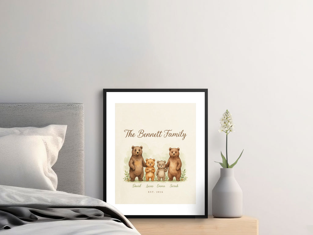 Personalized bear family print with names David, Lucas, Emma, Sarah, and EST. 2016.