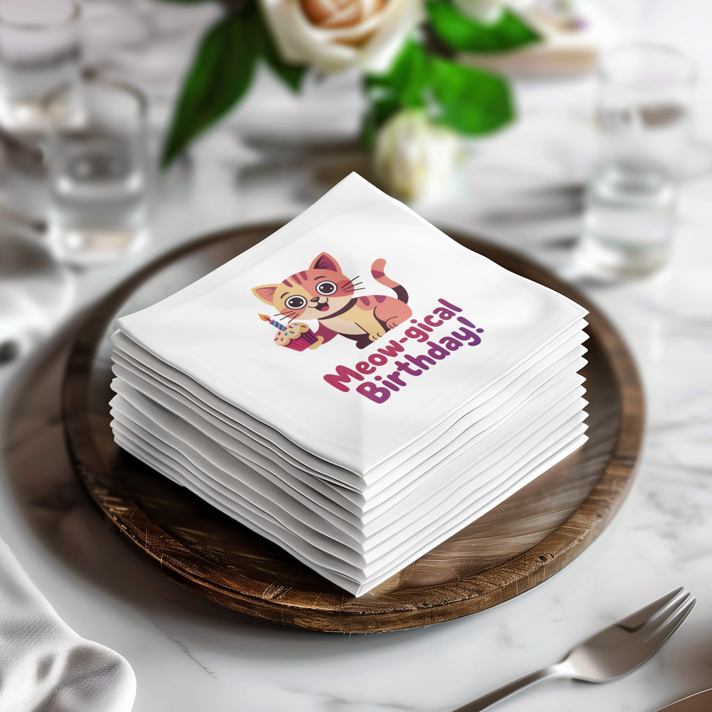 Stack of napkins featuring a cat wearing a party hat and the text "Meow-gical Birthday!".