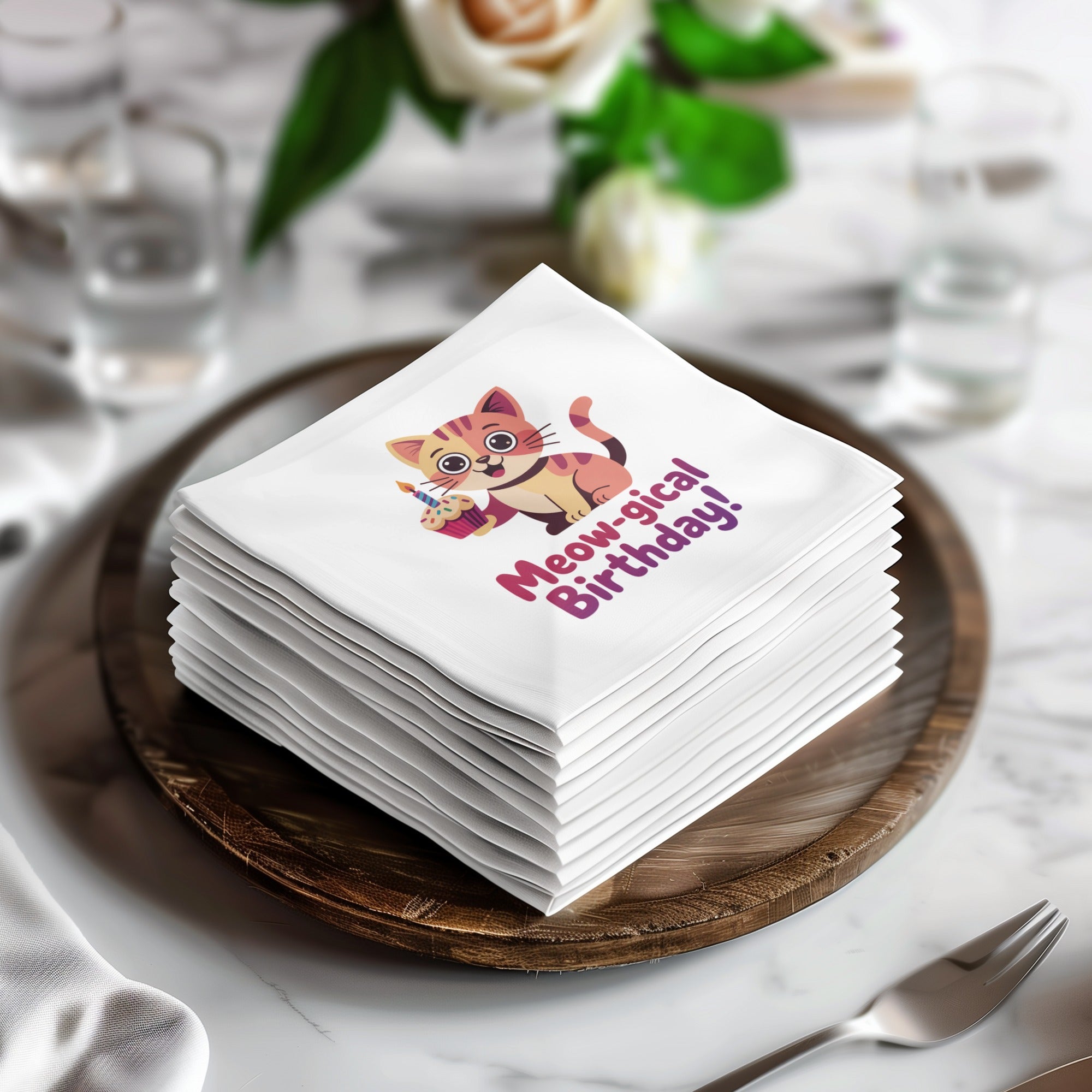 Stack of napkins featuring a cat wearing a party hat and the text "Meow-gical Birthday!".