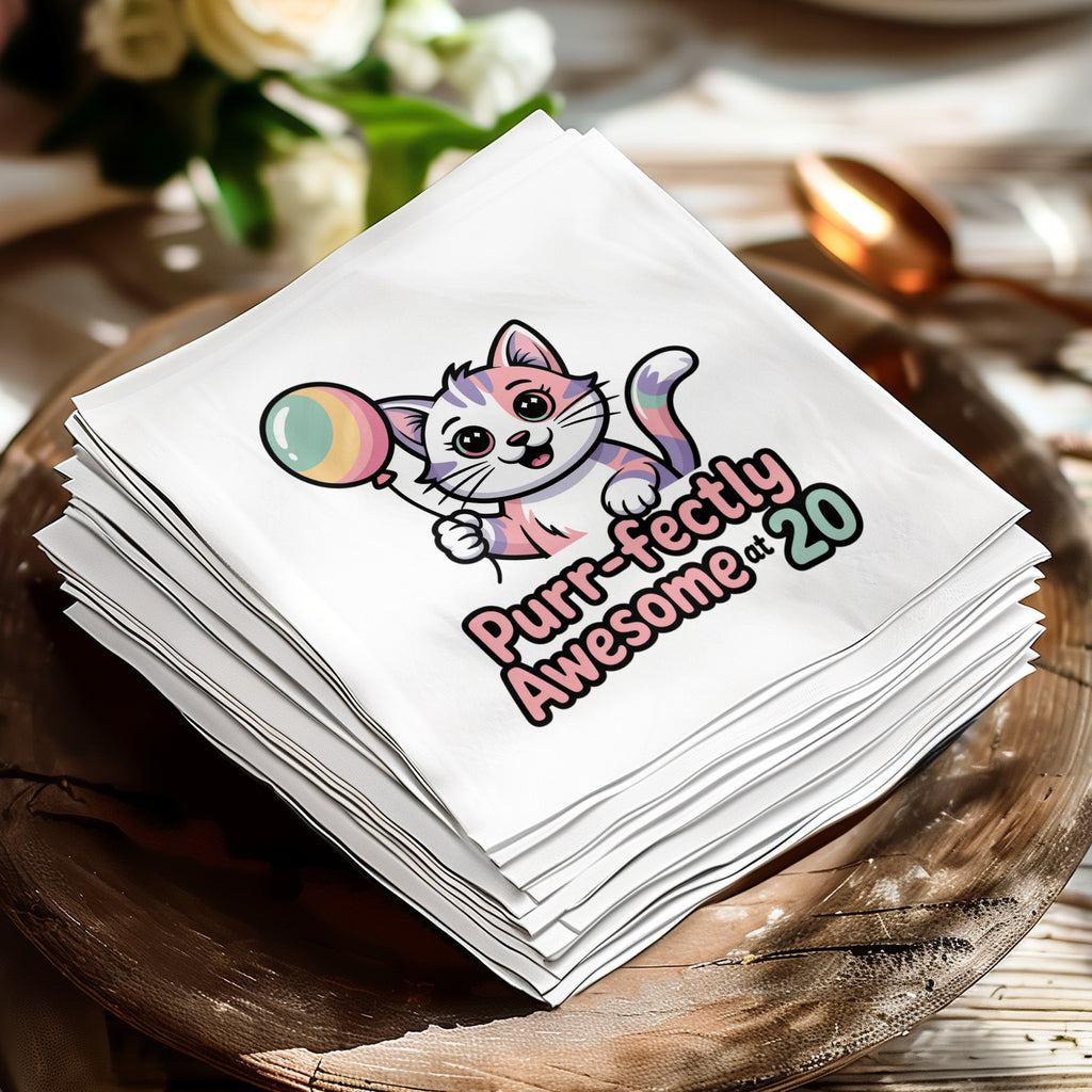Napkin with cartoon cat and "Purr-fectly Awesome at 20" text.