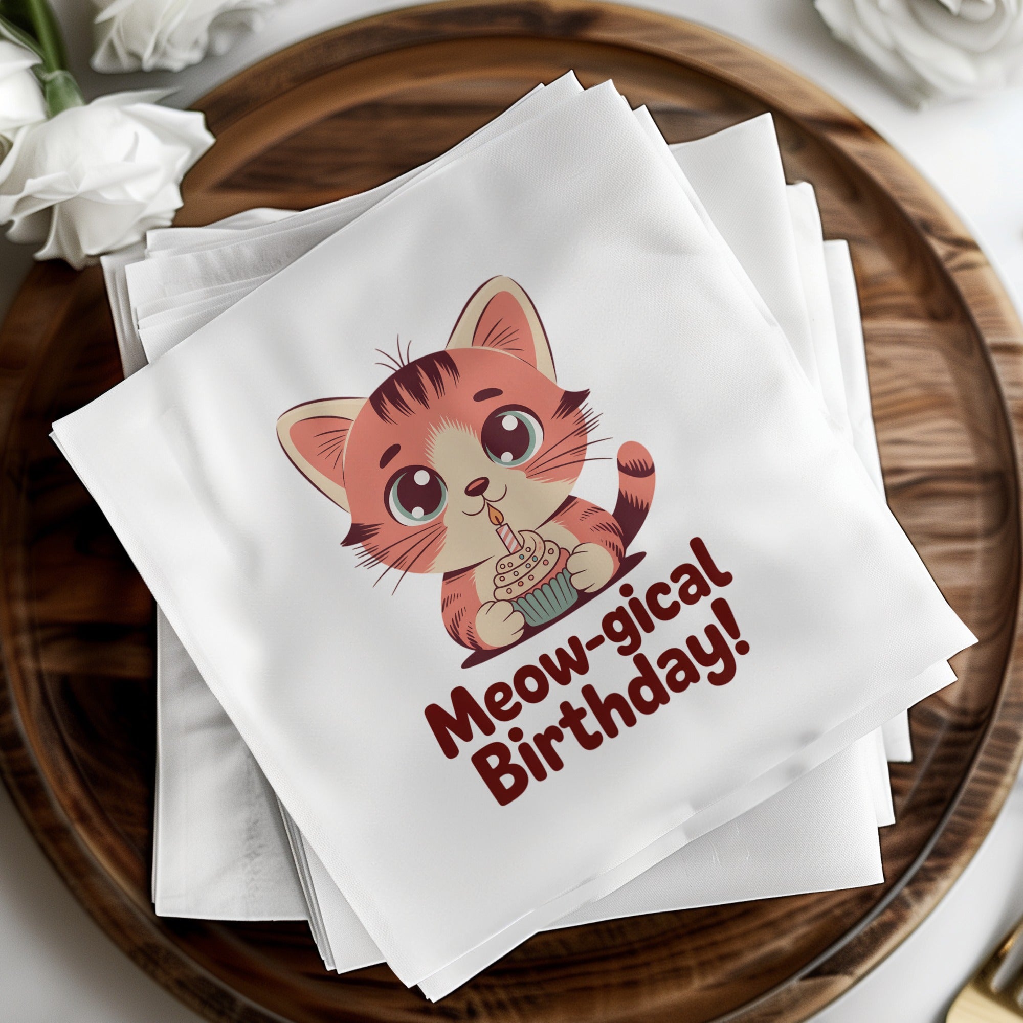 Napkins featuring a cartoon cat holding a cupcake with "Meow-gical Birthday!" text.