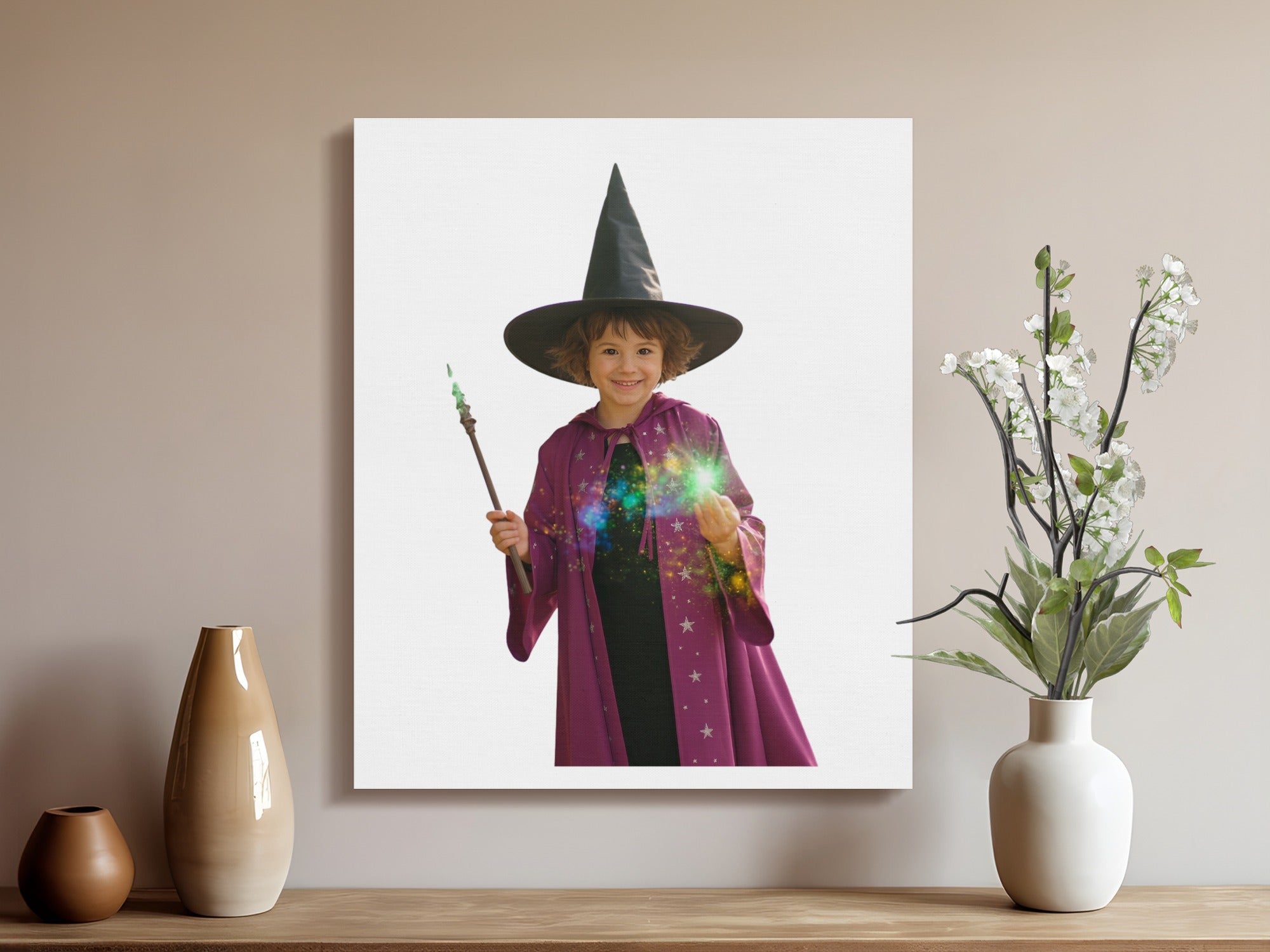 Child in witch hat and cape holds magic wand, casting colorful sparks.