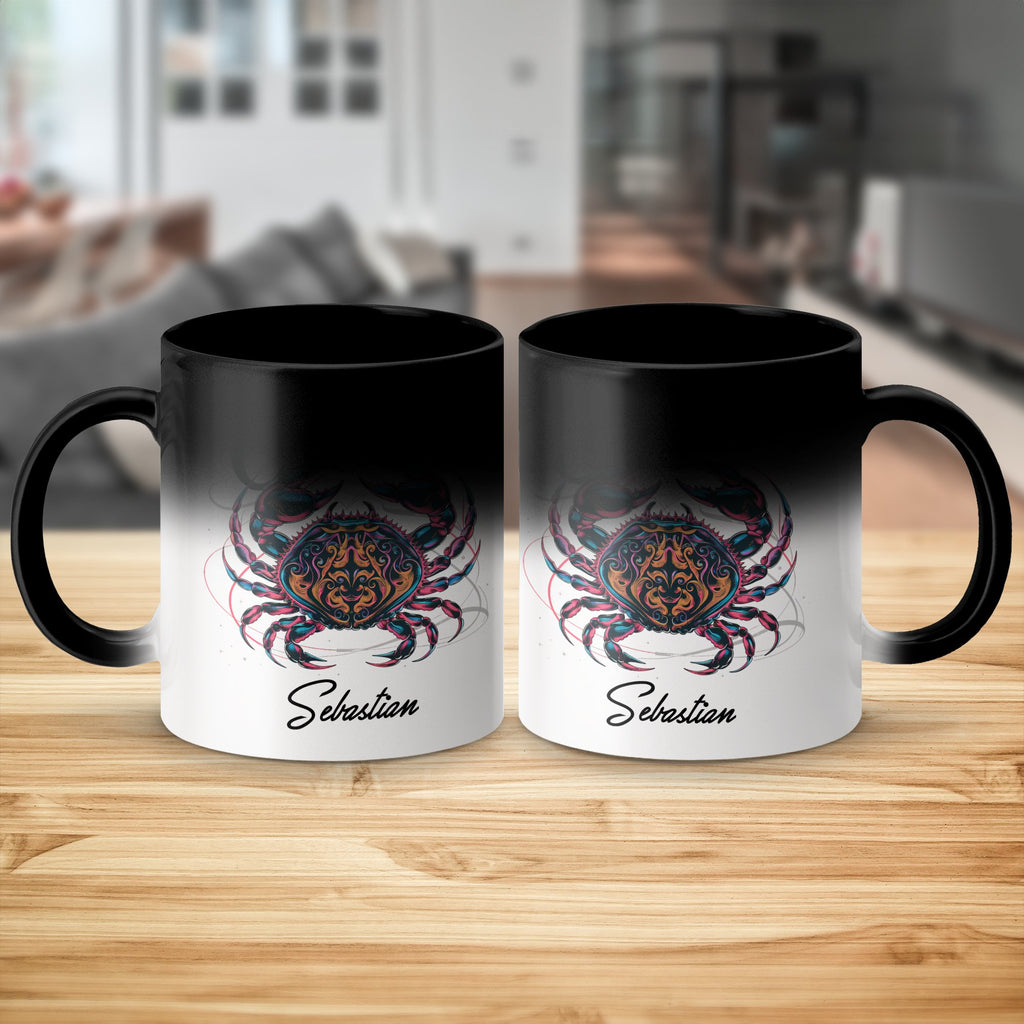 Black magic mug with a colorful crab design and the name "Sebastian".