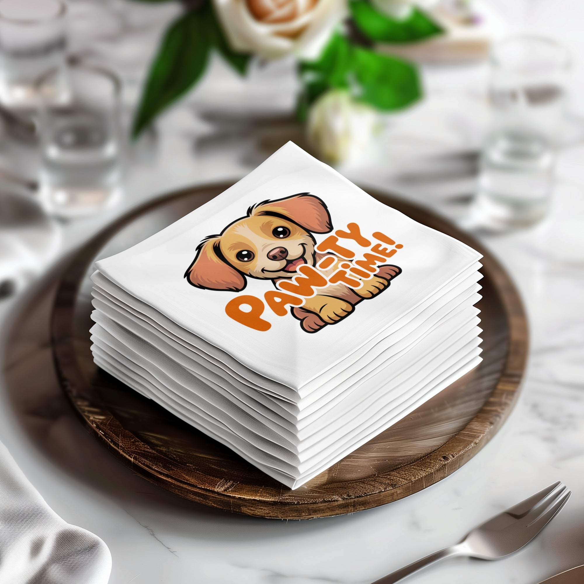 Stack of white napkins with a cute puppy illustration and "Paw-ty Time!" text.