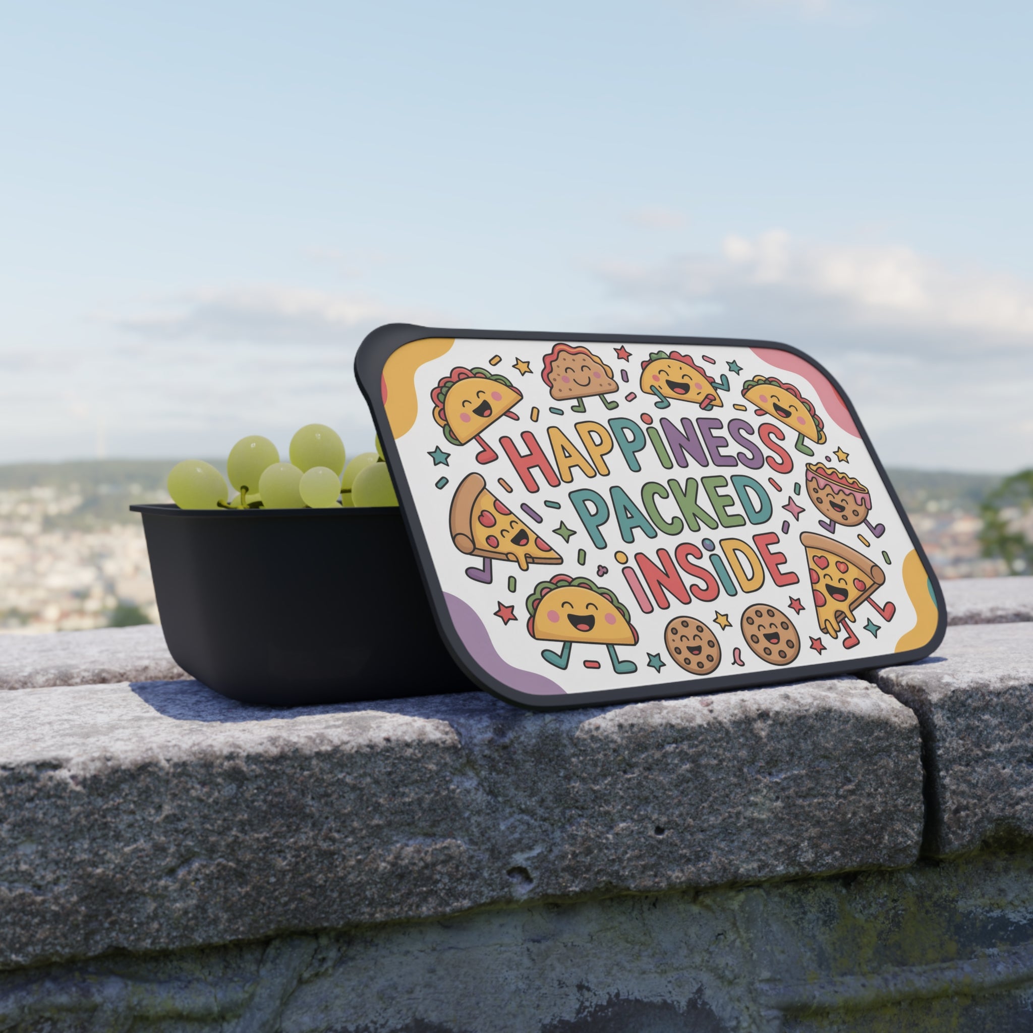 Lunchbox lid with cartoon tacos, pizza, and cookies and text "Happiness Packed Inside".