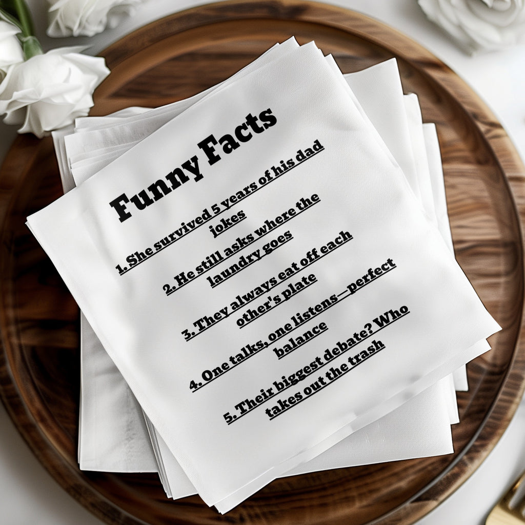 Napkins with "Funny Facts" about a dad, like his jokes and eating habits.