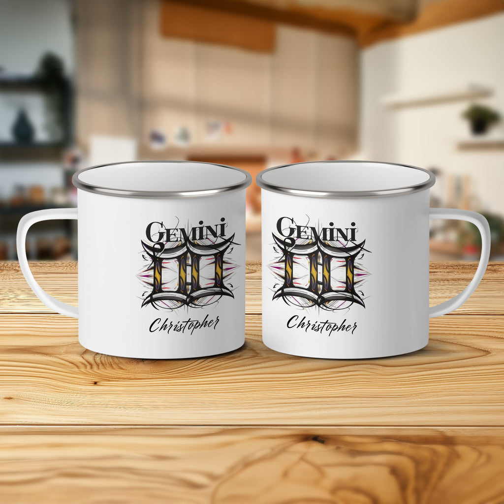 Two white enamel mugs with "Gemini Christopher" printed on them.