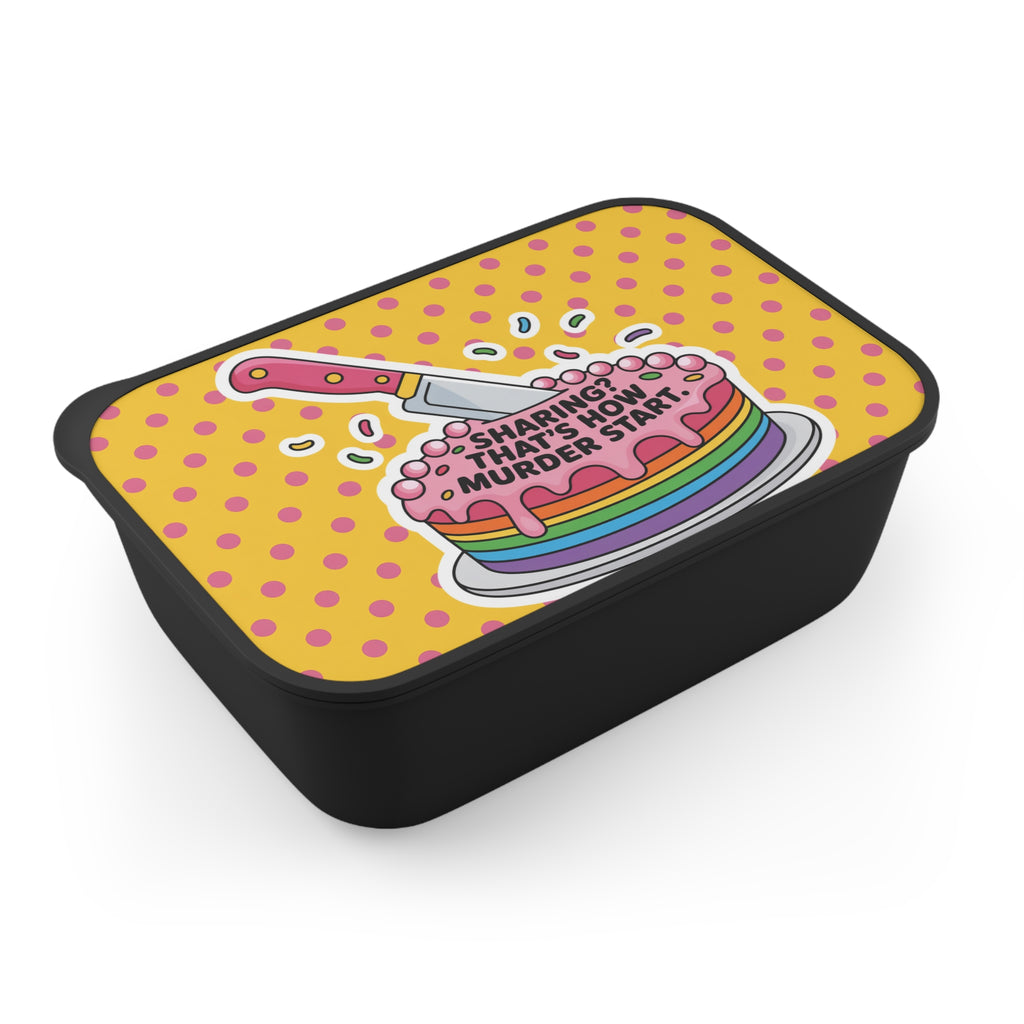 Rainbow cake with pink frosting on polka dot background, "Sharing? That's How Murder Start" text.