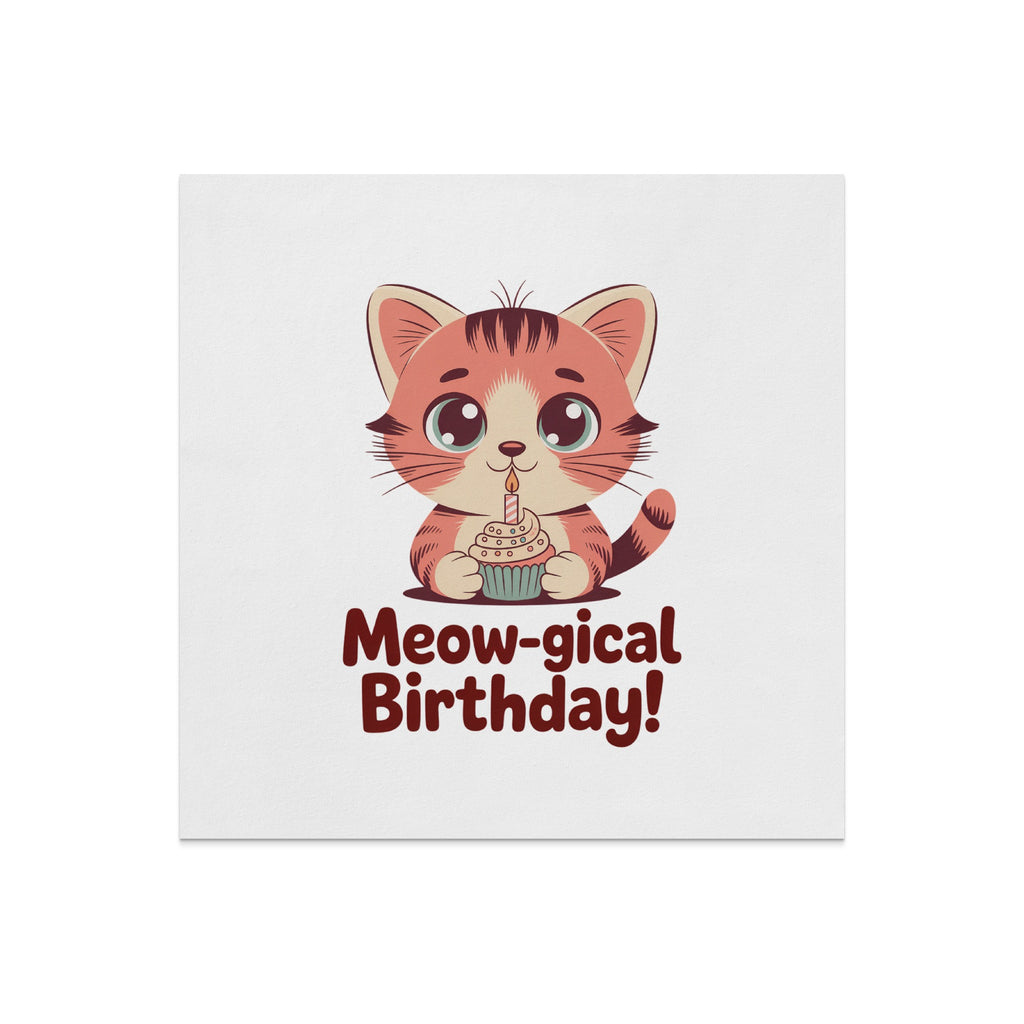 Cute cartoon cat holding a cupcake with "Meow-gical Birthday!" text.