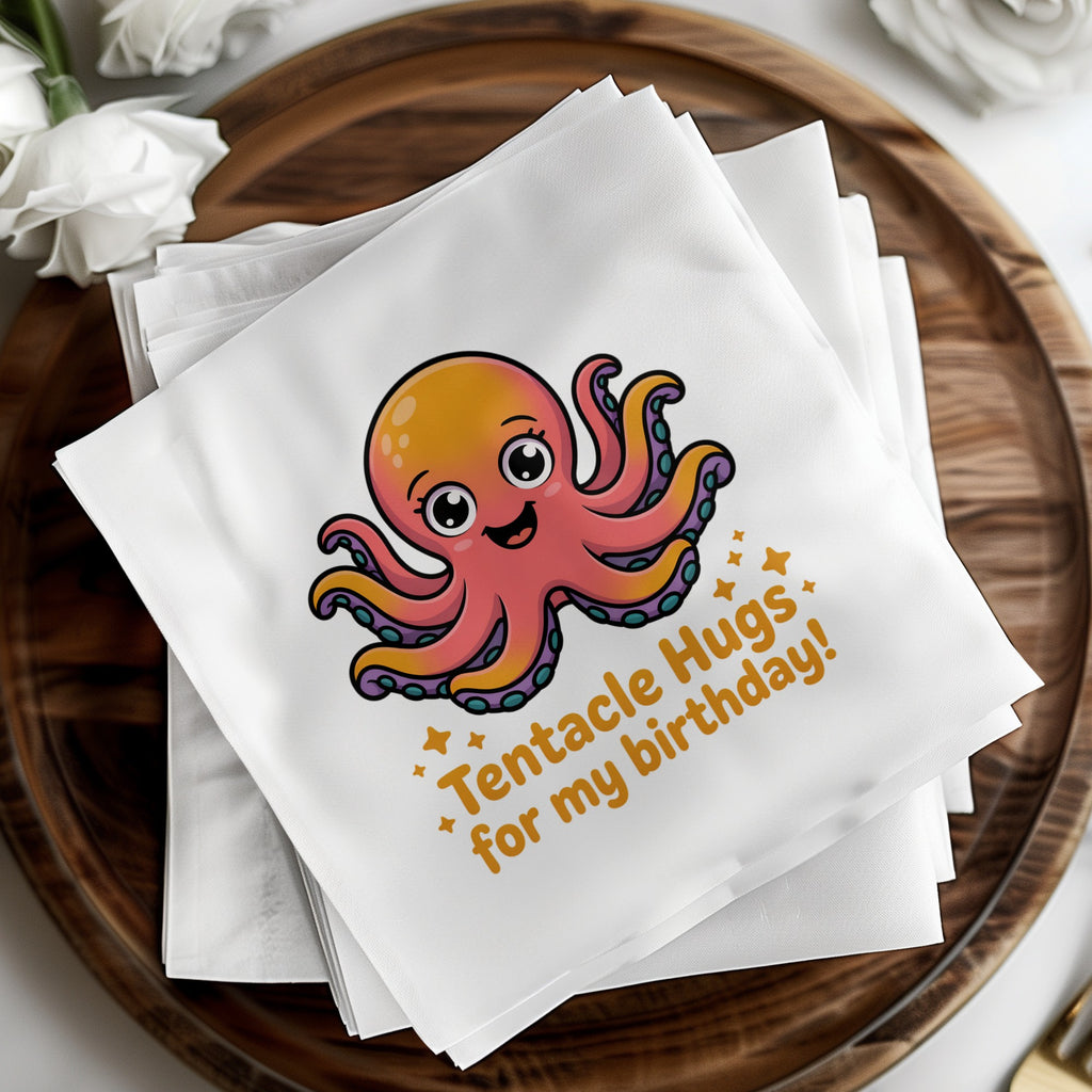 White napkin with a cartoon octopus and "Tentacle Hugs for my birthday!"