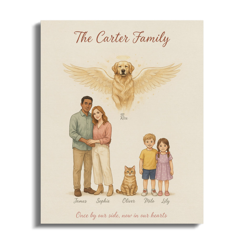 The Carter family illustration includes parents, two children, a cat, and an angel dog.
