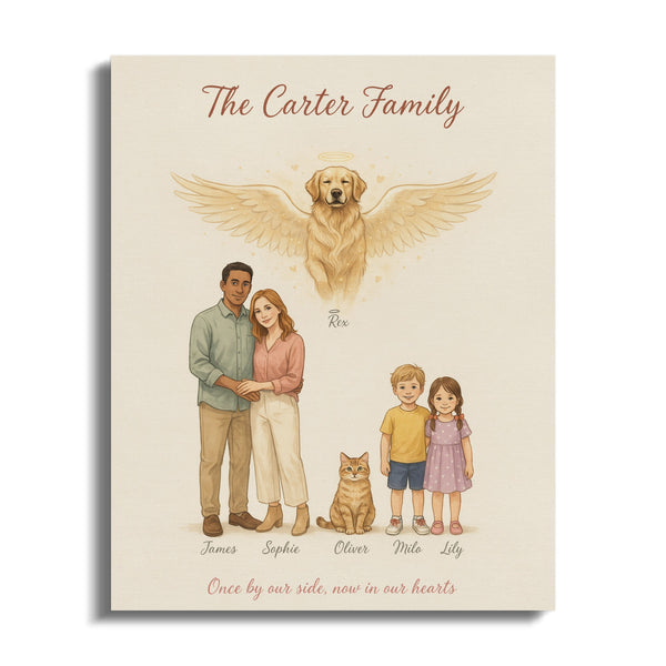 The Carter family illustration includes parents, two children, a cat, and an angel dog.
