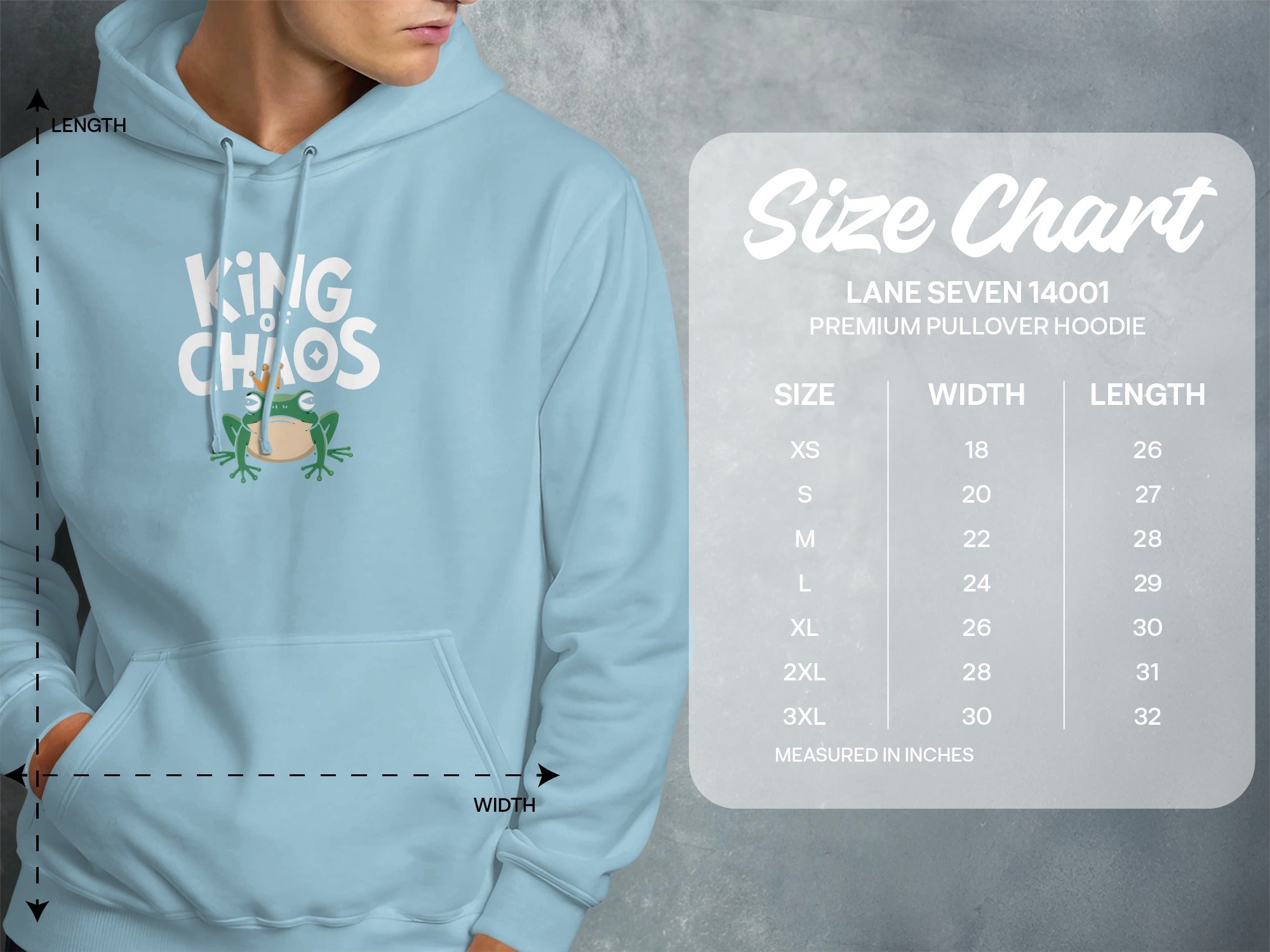 Light blue hoodie with "King of Chaos" frog graphic and size chart.