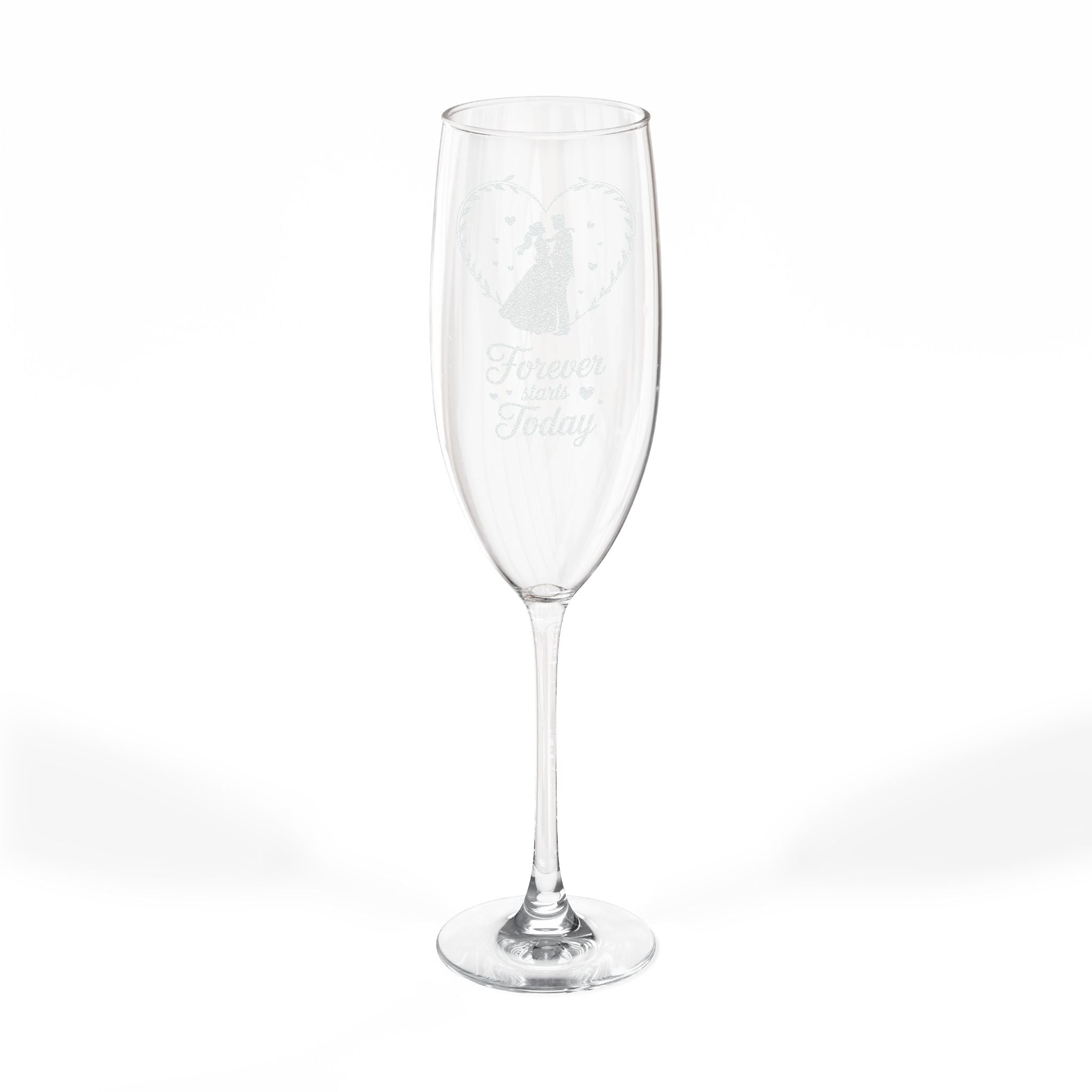 Champagne flute with "Forever starts Today" text and engraved wedding rings.