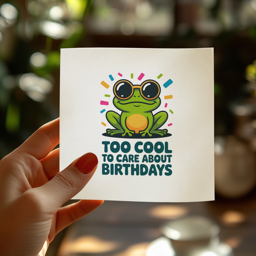 Frog wearing sunglasses with text "TOO COOL TO CARE ABOUT BIRTHDAYS".