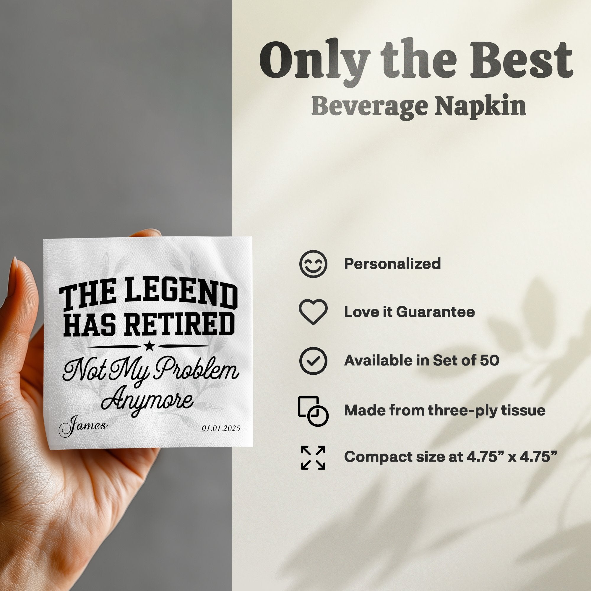 Napkin with "The Legend Has Retired" text, personalized with "James" and a date.