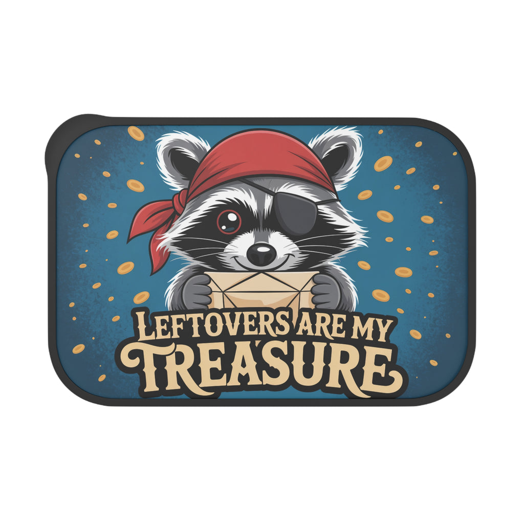 Pirate raccoon holding a treasure chest with text "Leftovers are my treasure".