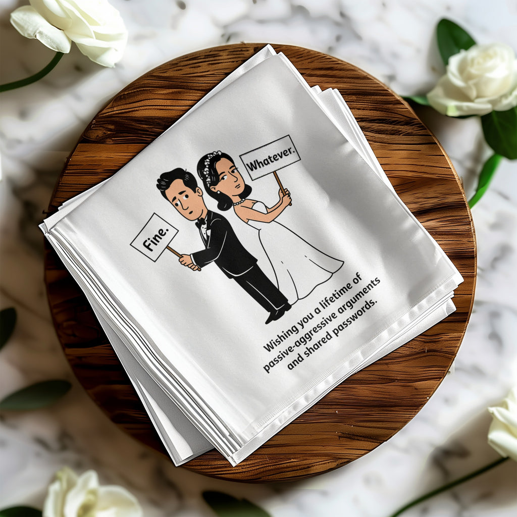 Wedding handkerchief with cartoon couple, text "Fine." and "Whatever.", and humorous wedding sentiment.