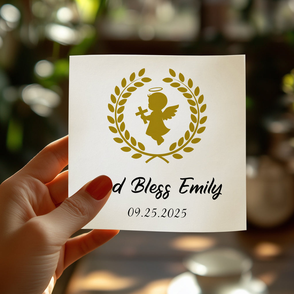 "God Bless Emily" with a haloed angel and laurel wreath, dated 09.25.2025.